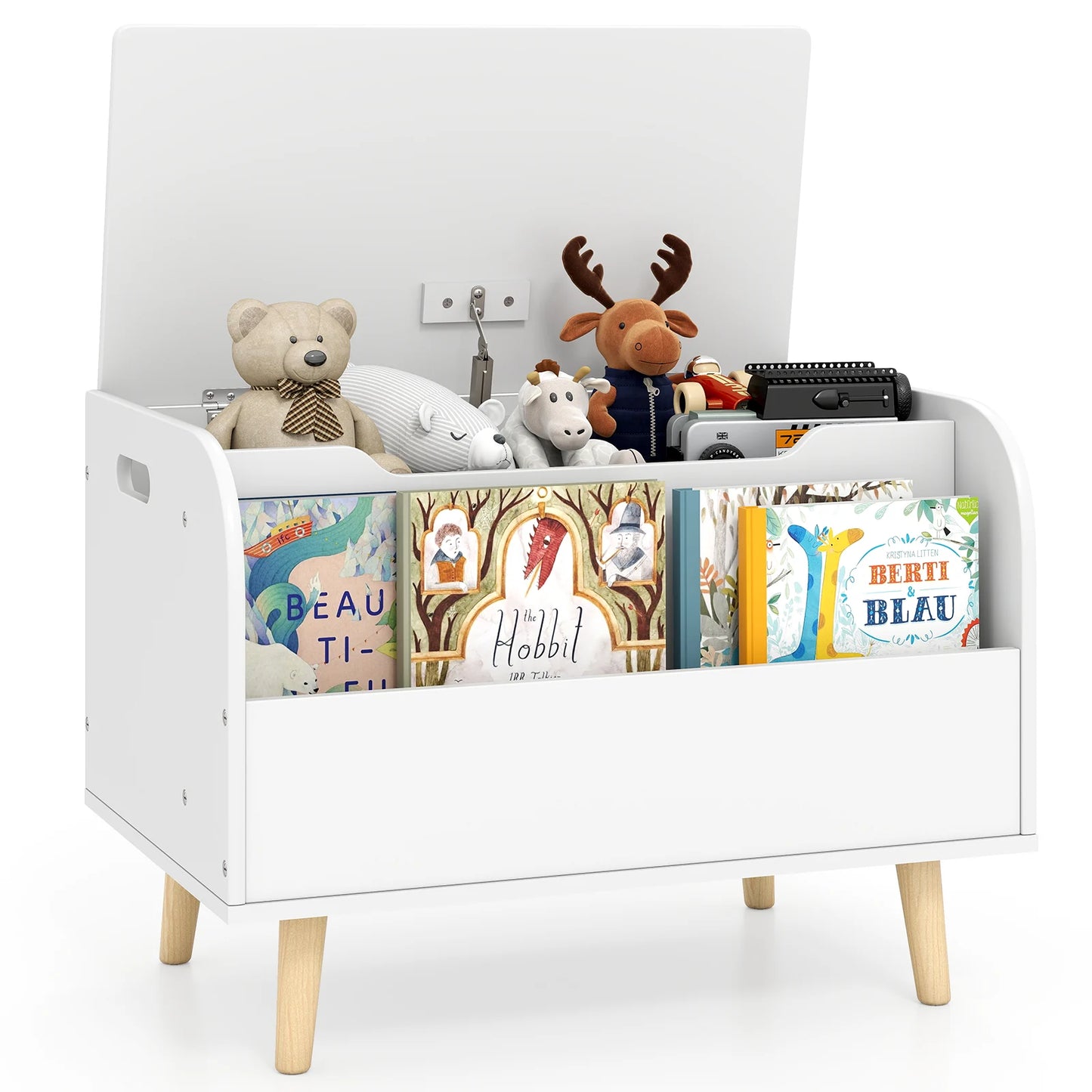 Kids Wooden Toy Box with Front Bookshelf 4 Solid Wood Legs-Pink