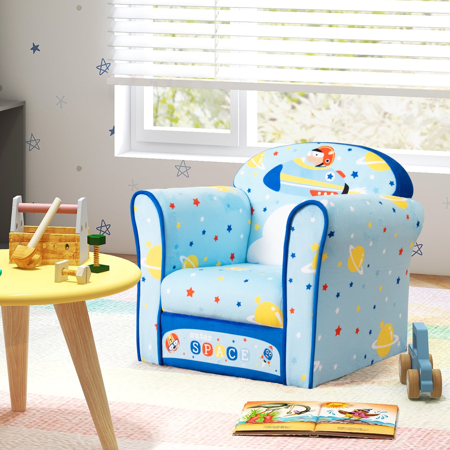 Kids Armchair with Soft Cushion and Cute Pattern-Blue