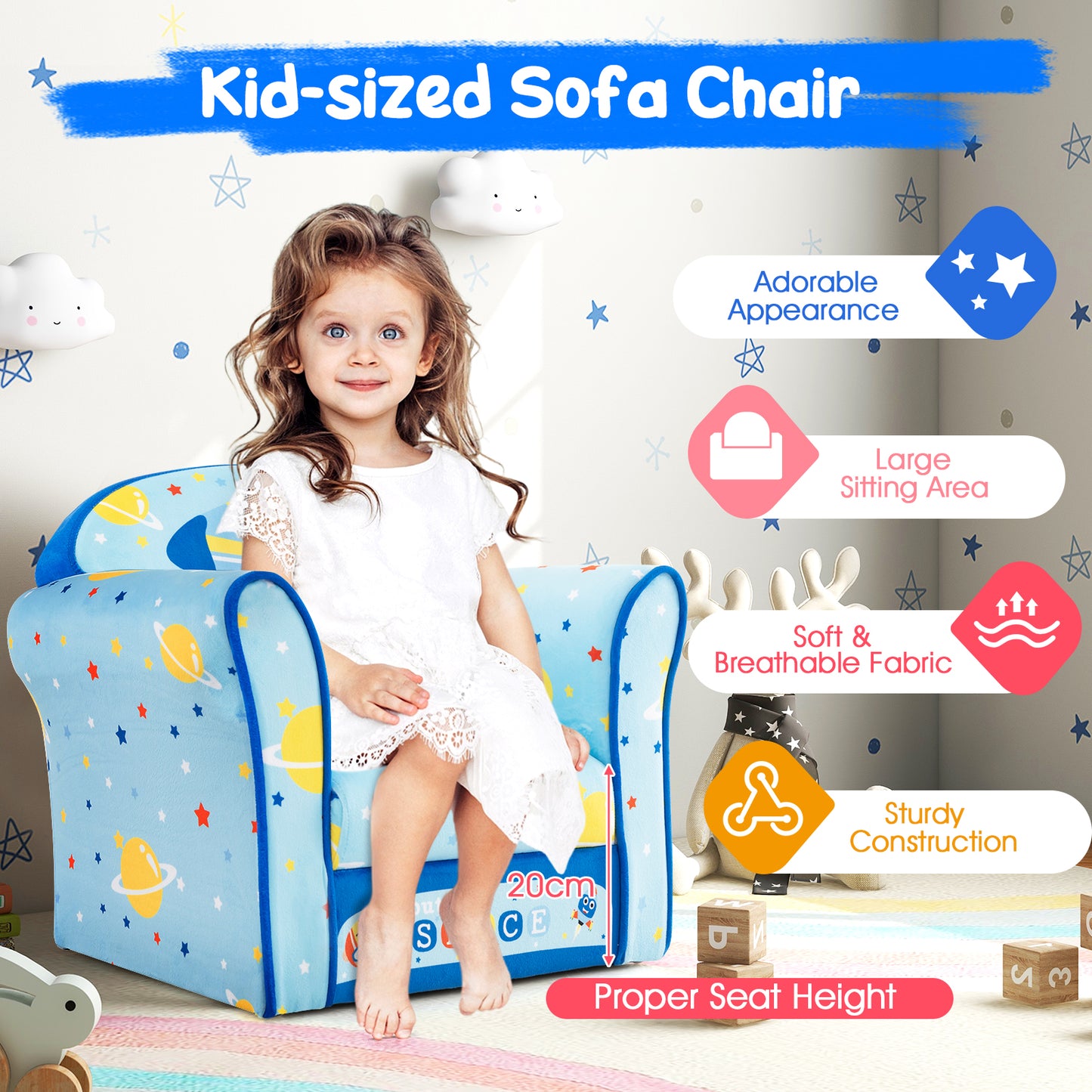 Kids Armchair with Soft Cushion and Cute Pattern-Blue