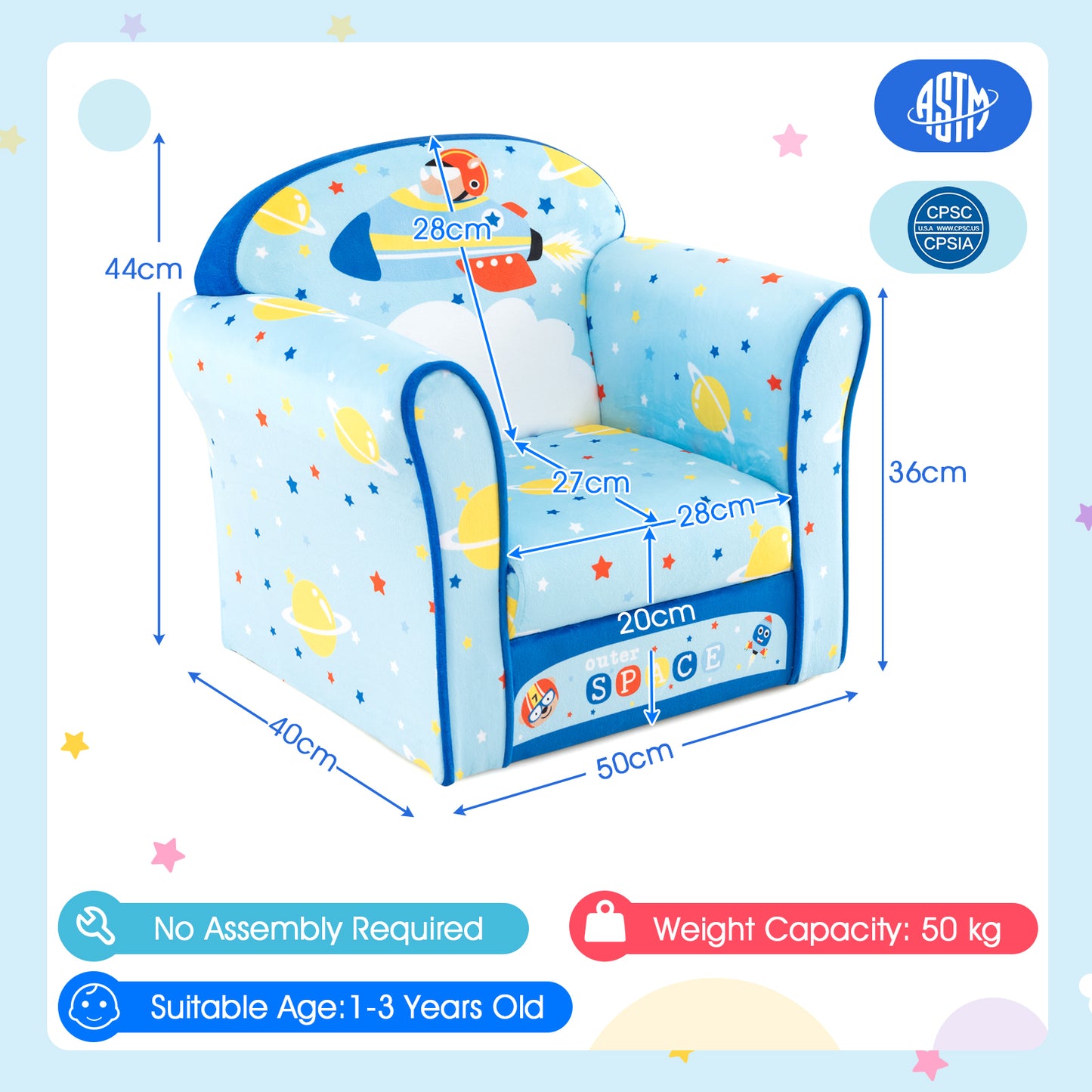 Kids Armchair with Soft Cushion and Cute Pattern-Blue