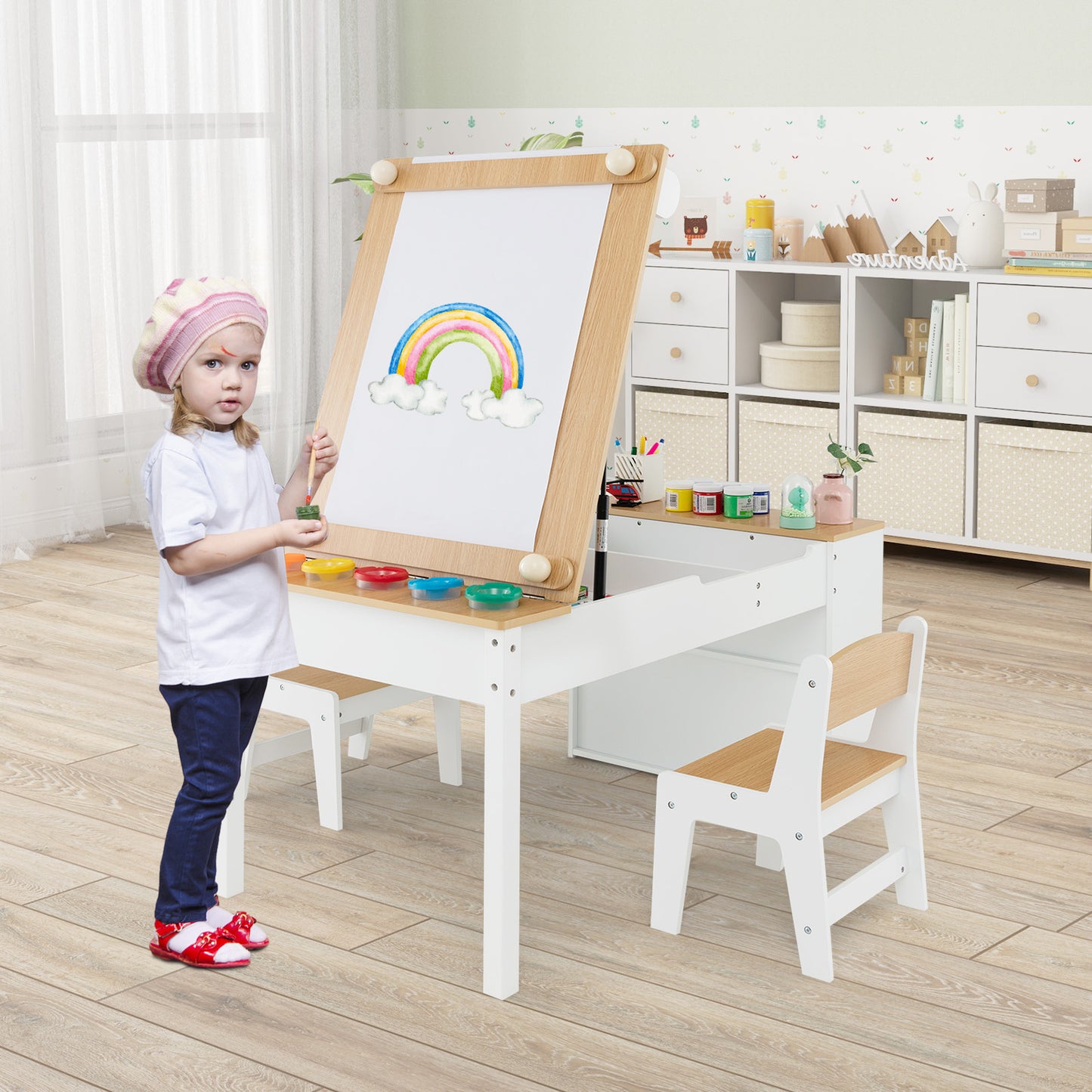 2-in-1 Kids Art Table and Art Easel Set with Chairs-Grey