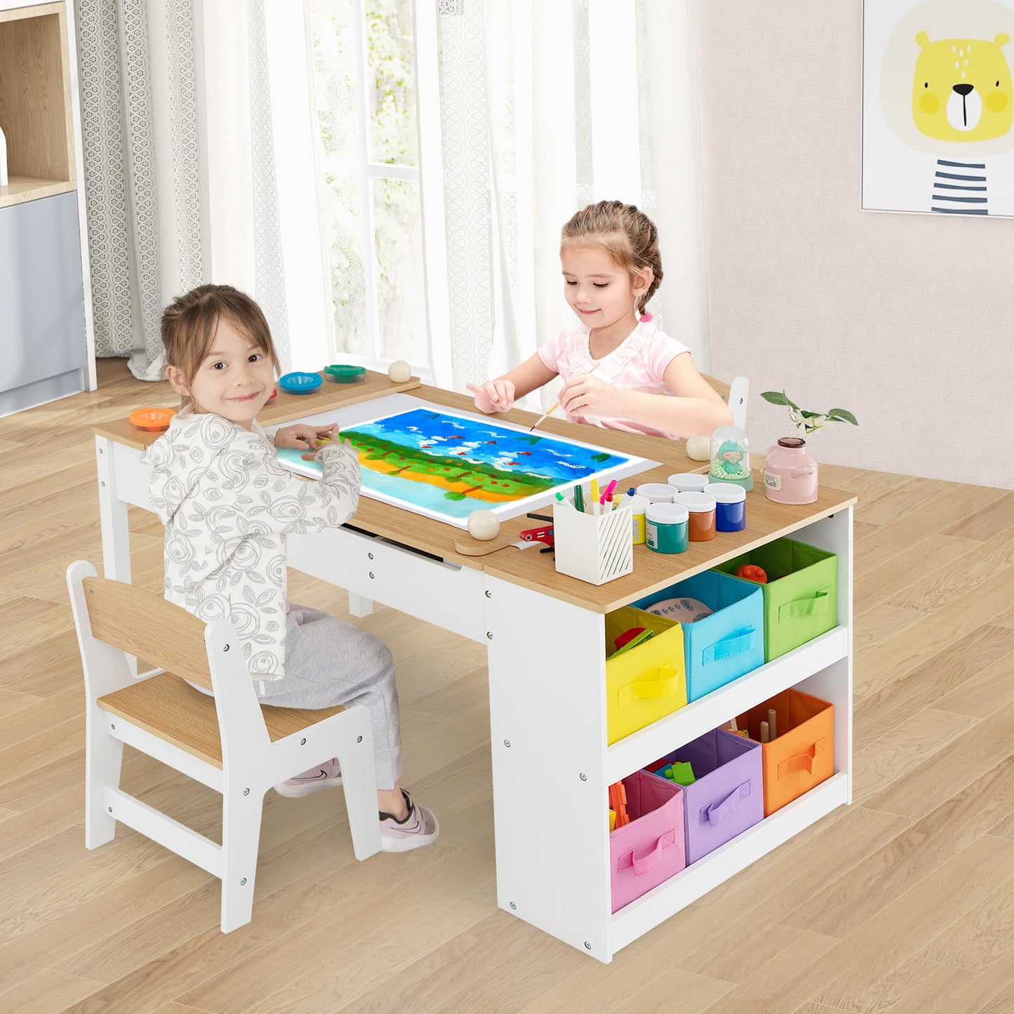2-in-1 Kids Art Table and Art Easel Set with Chairs-Grey