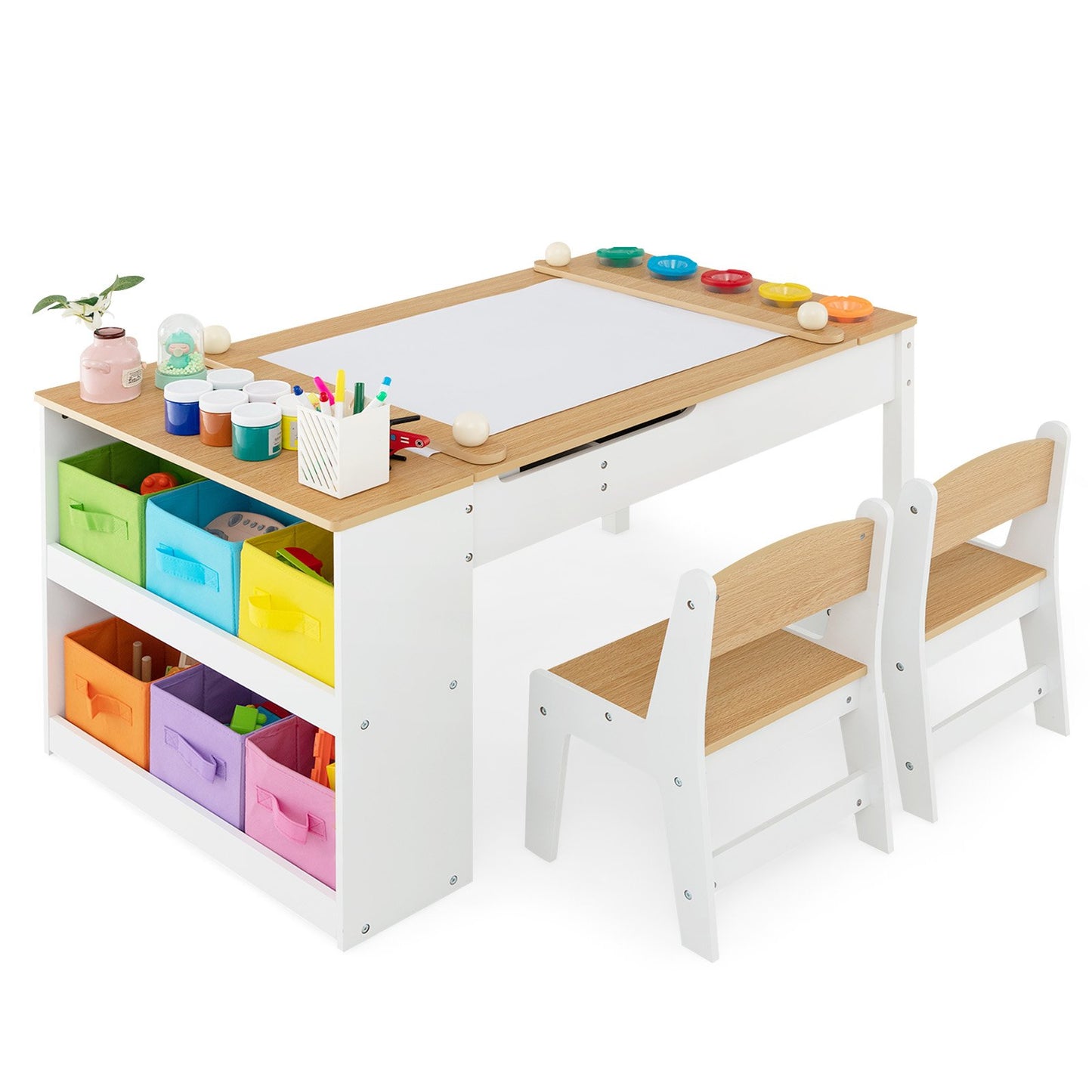 2-in-1 Kids Art Table and Art Easel Set with Chairs-Grey