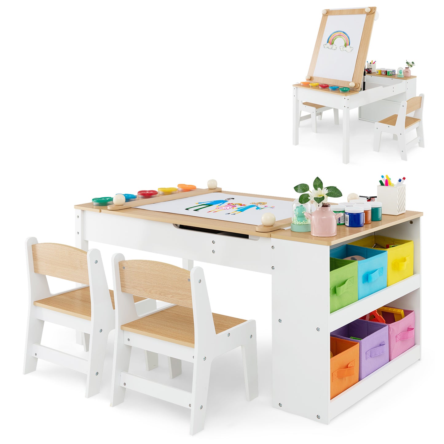 2-in-1 Kids Art Table and Art Easel Set with Chairs-Grey