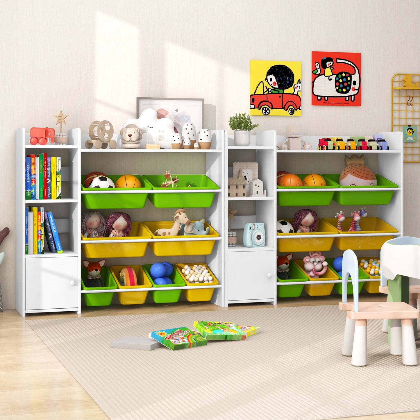 Kids Bookshelf Toy Storage Organizer with Storage Boxes and Open Shelves-Grey
