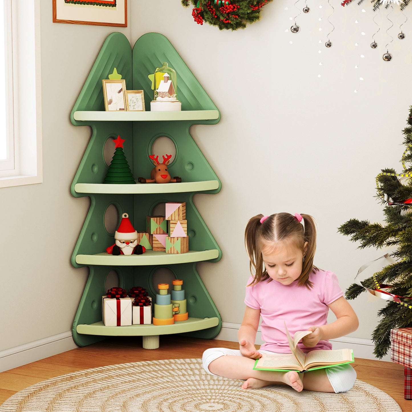 4-Tier Kids Corner Bookshelf for Kids Room and Nursery Playroom-Green
