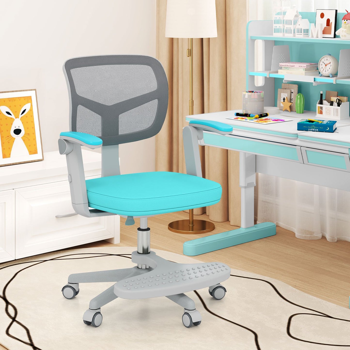 Kids Desk Chair Children Study Chair with Adjustable Height Armrest and Footrest-Blue