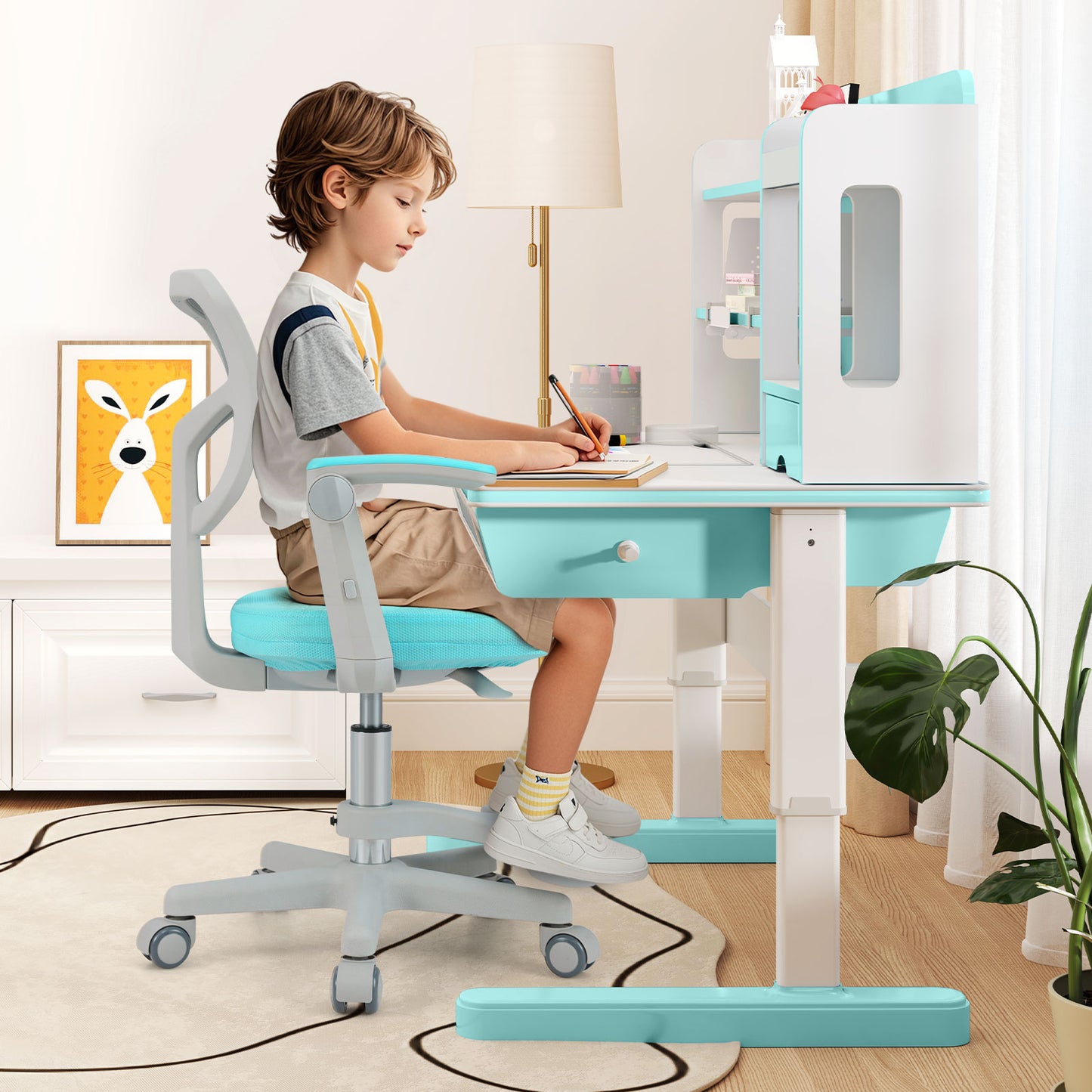 Kids Desk Chair Children Study Chair with Adjustable Height Armrest and Footrest-Blue
