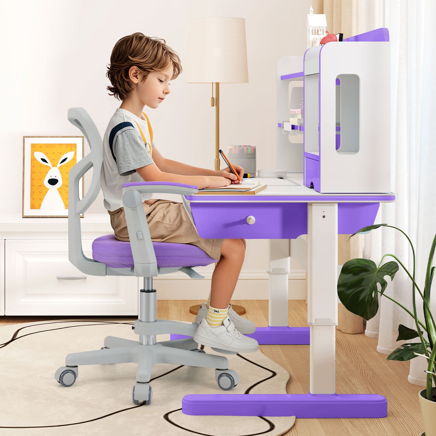 Kids Desk Chair Children Study Chair with Adjustable Height Armrest and Footrest-Blue