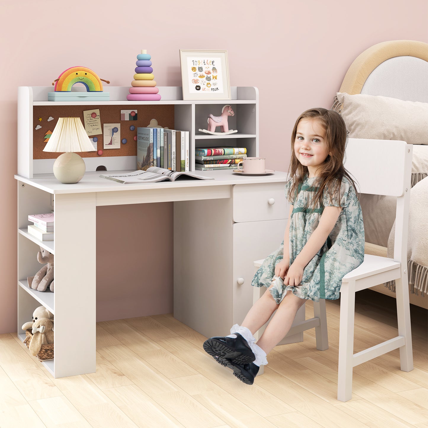Kids Desk and Chair Set with Chair Hutch and 3-Layer Side Shelf-Pink
