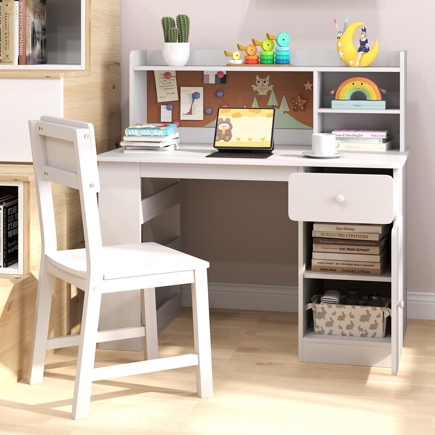 Kids Desk and Chair Set with Chair Hutch and 3-Layer Side Shelf-Pink