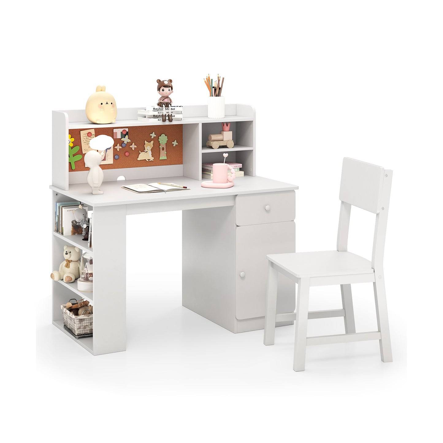 Kids Desk and Chair Set with Chair Hutch and 3-Layer Side Shelf-Pink