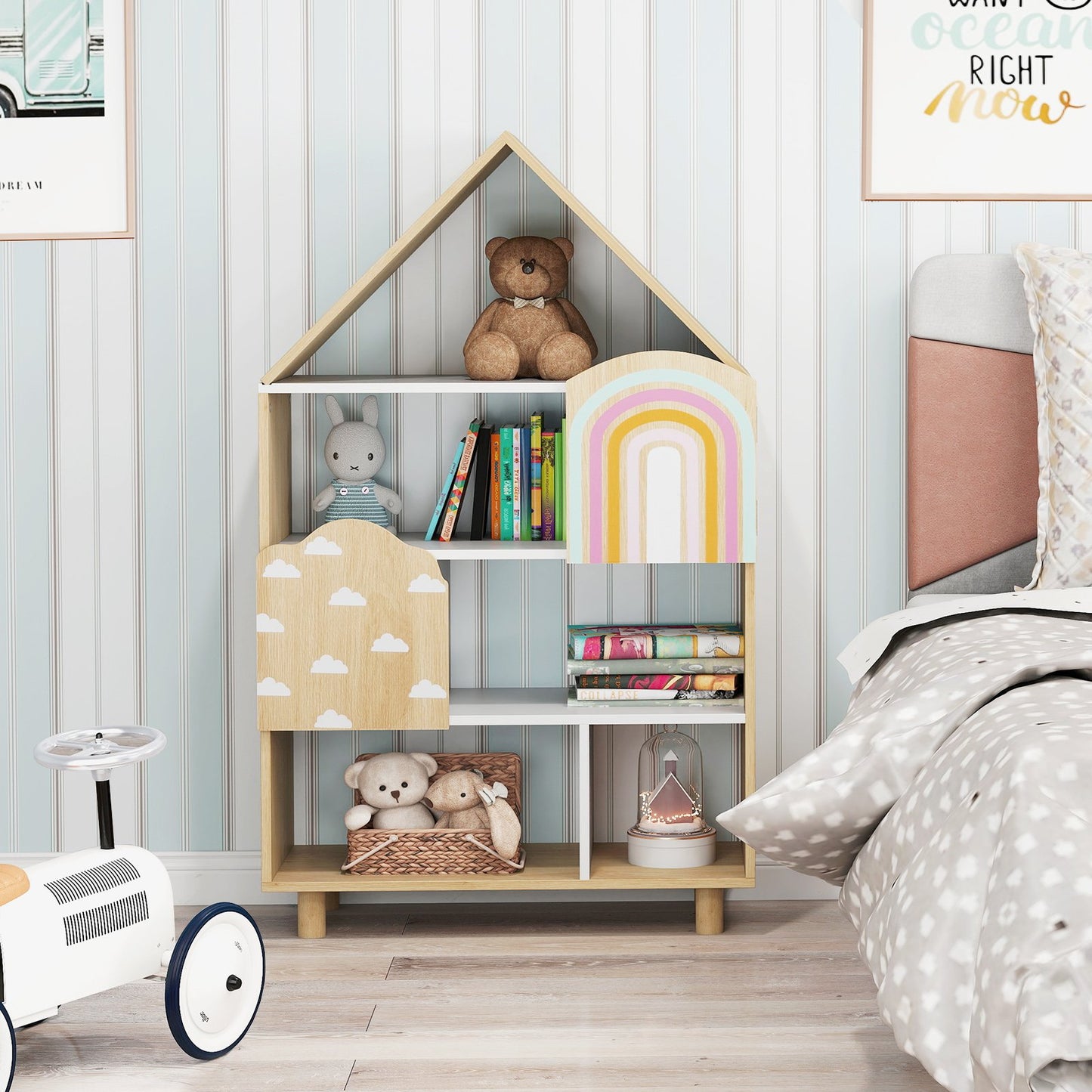 Kids Dollhouse Bookshelf with 2 Doors for Playroom Bedroom-Natural