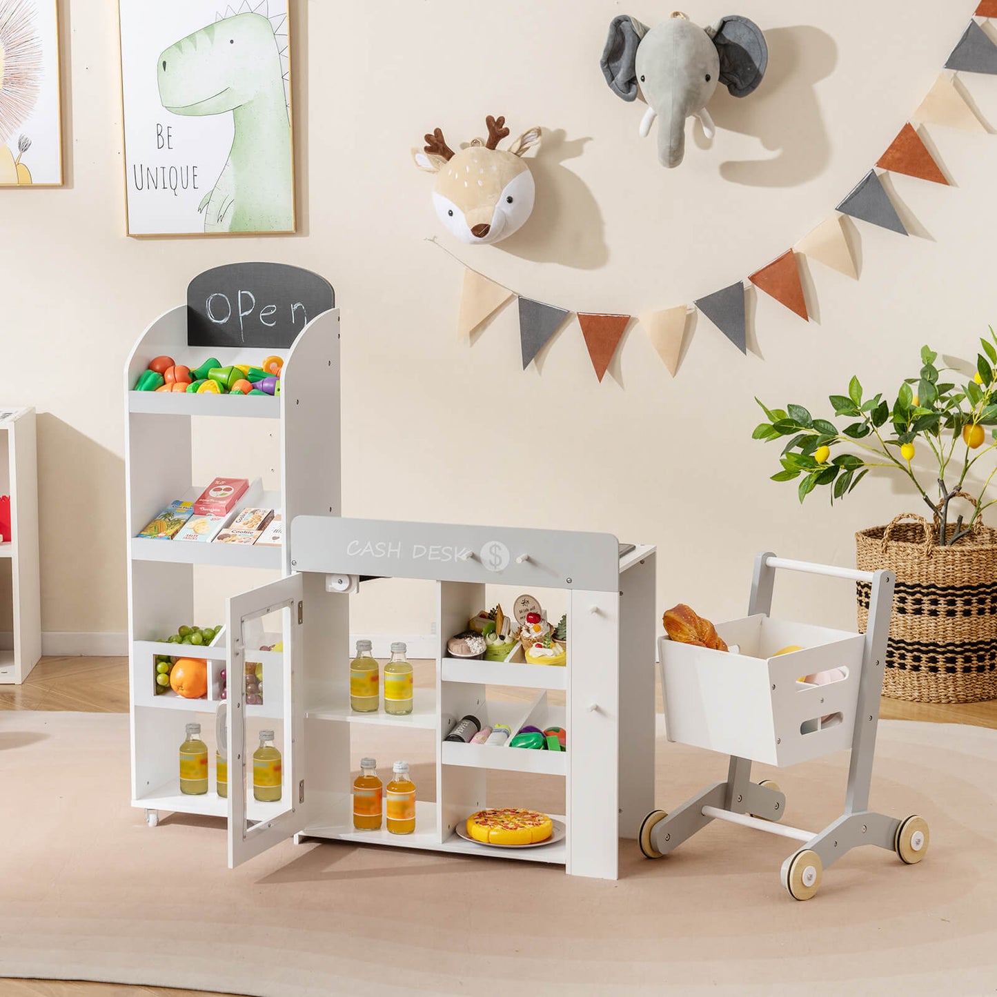 Kids Grocery Store Playset Convertible with Shopping Cart and Movable Checkout Belt-White