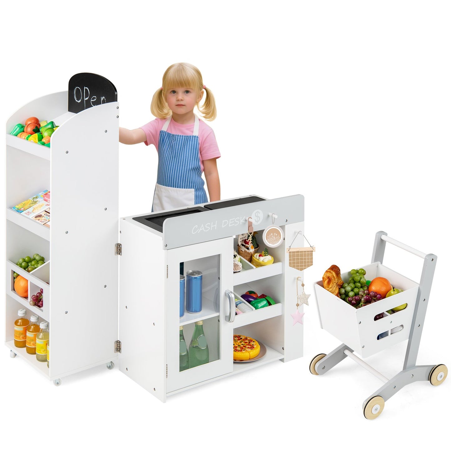Kids Grocery Store Playset Convertible with Shopping Cart and Movable Checkout Belt-White