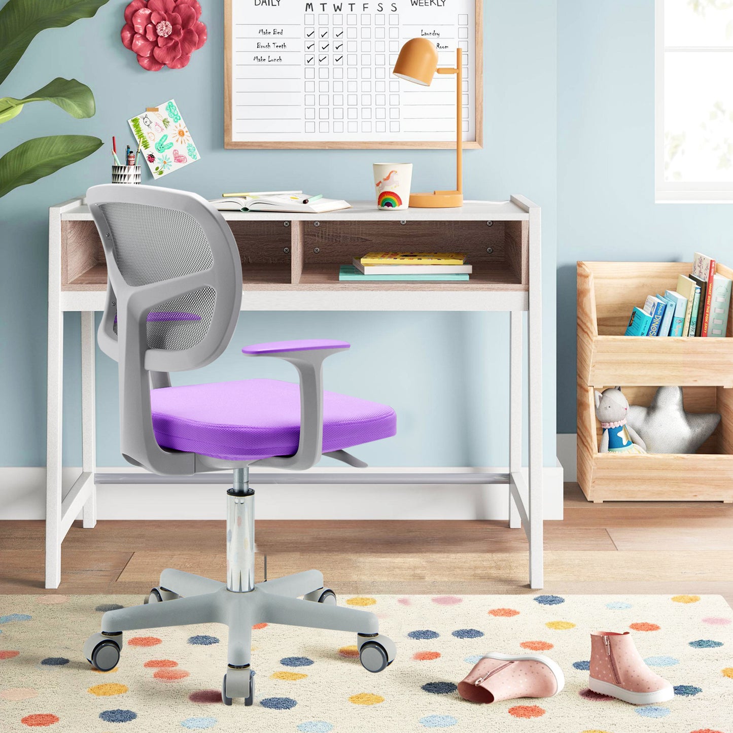 Kids Height-Adjustable Swivel Computer Desk Chair with Lumbar Support-Blue