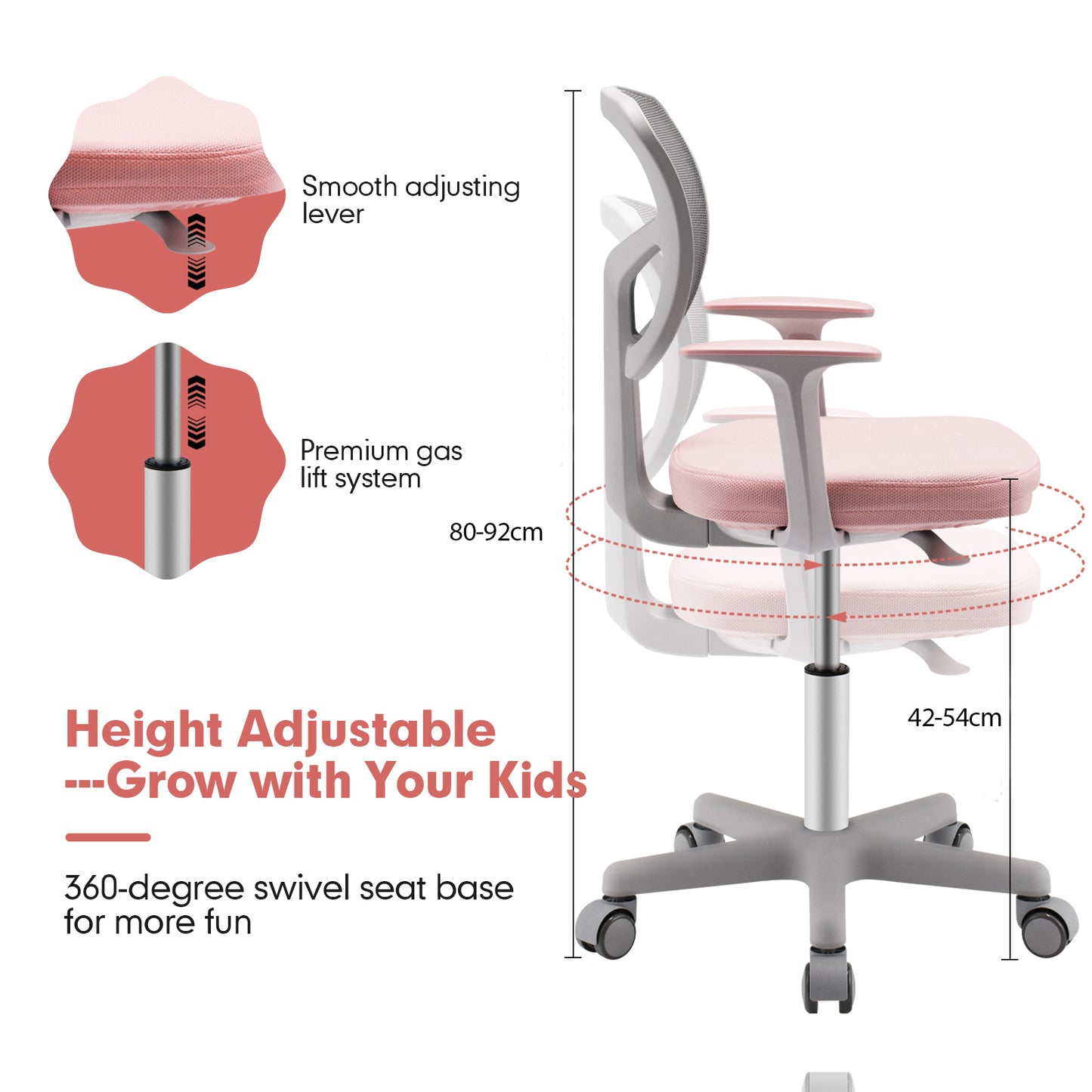 Kids Height-Adjustable Swivel Computer Desk Chair with Lumbar Support-Blue