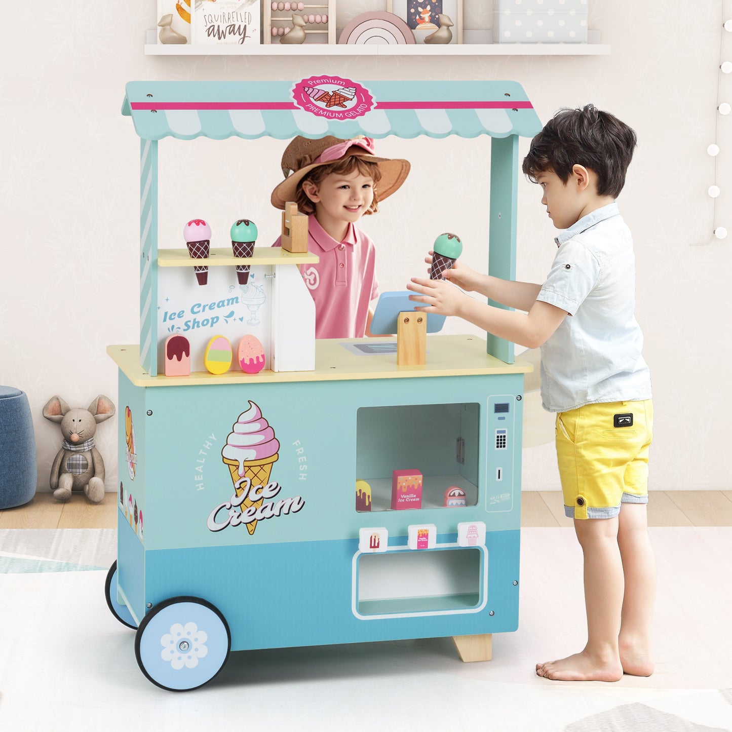 Kids Ice Cream Cart Truck Pretend Play Set for Toddlers-Green