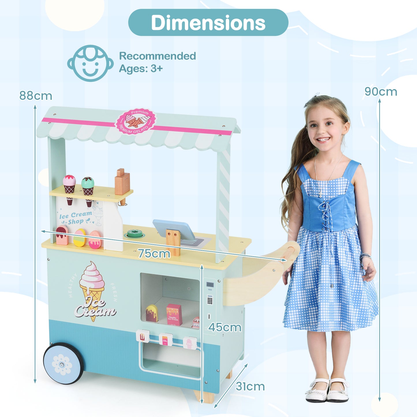 Kids Ice Cream Cart Truck Pretend Play Set for Toddlers-Green
