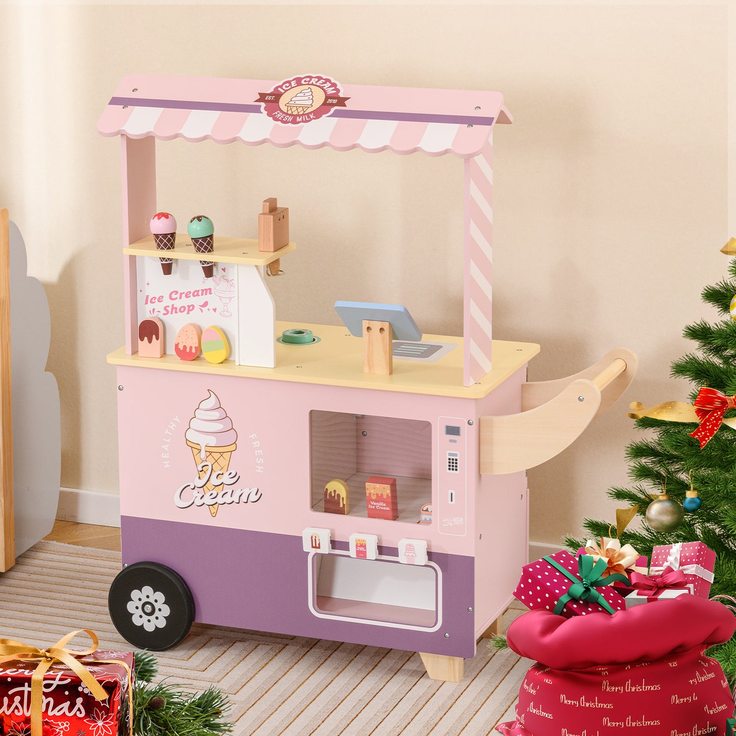 Kids Ice Cream Cart Truck Pretend Play Set for Toddlers-Green
