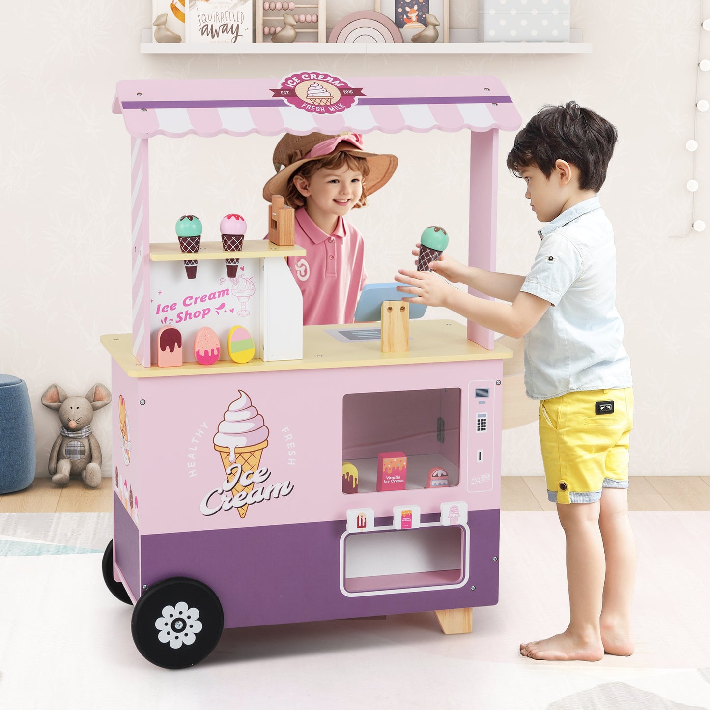 Kids Ice Cream Cart Truck Pretend Play Set for Toddlers-Green