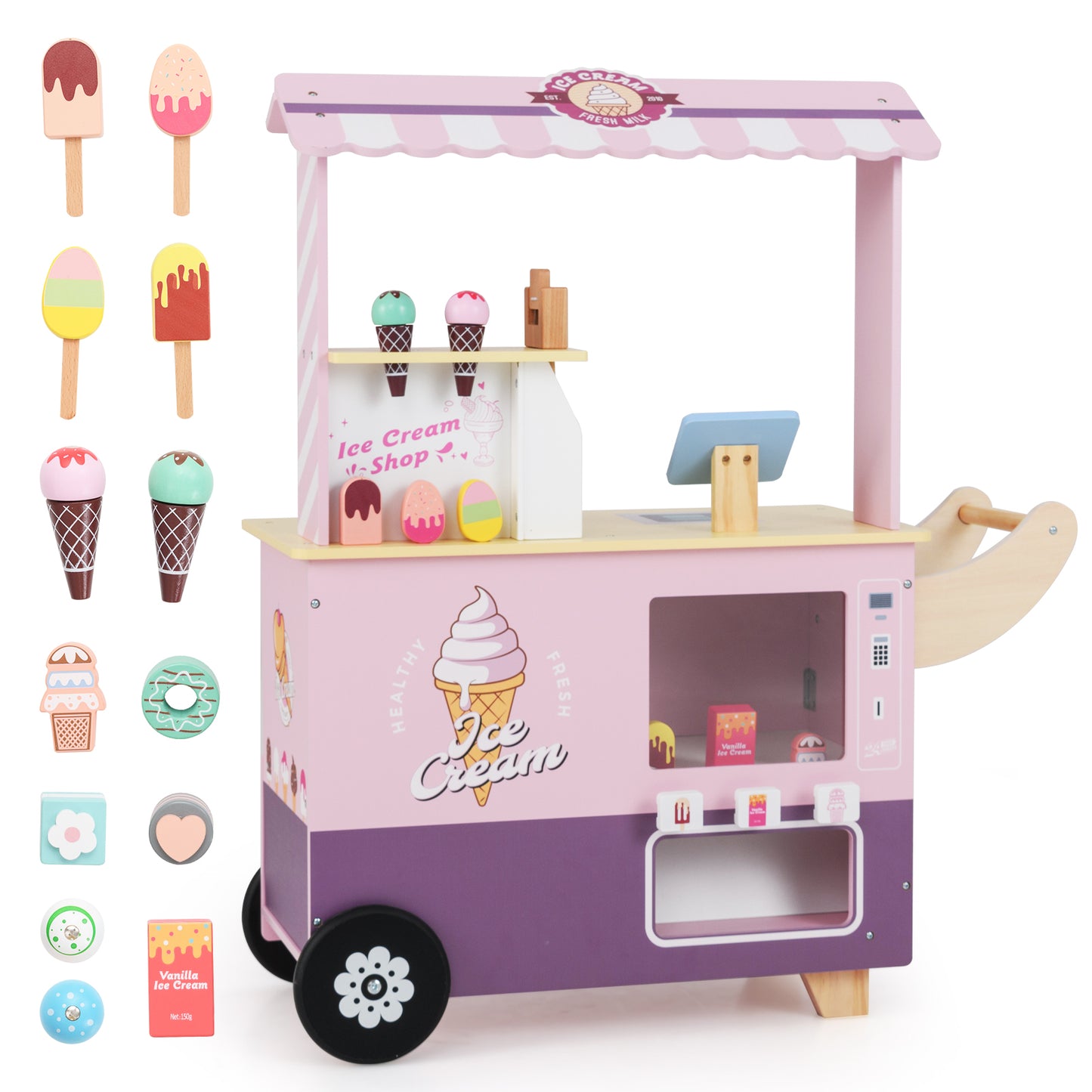 Kids Ice Cream Cart Truck Pretend Play Set for Toddlers-Green