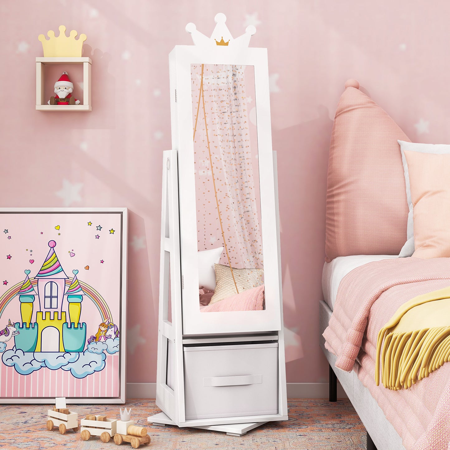 Kids Jewelry Cabinet Standing Jewelry Organizer with Full-Length Mirror-Pink