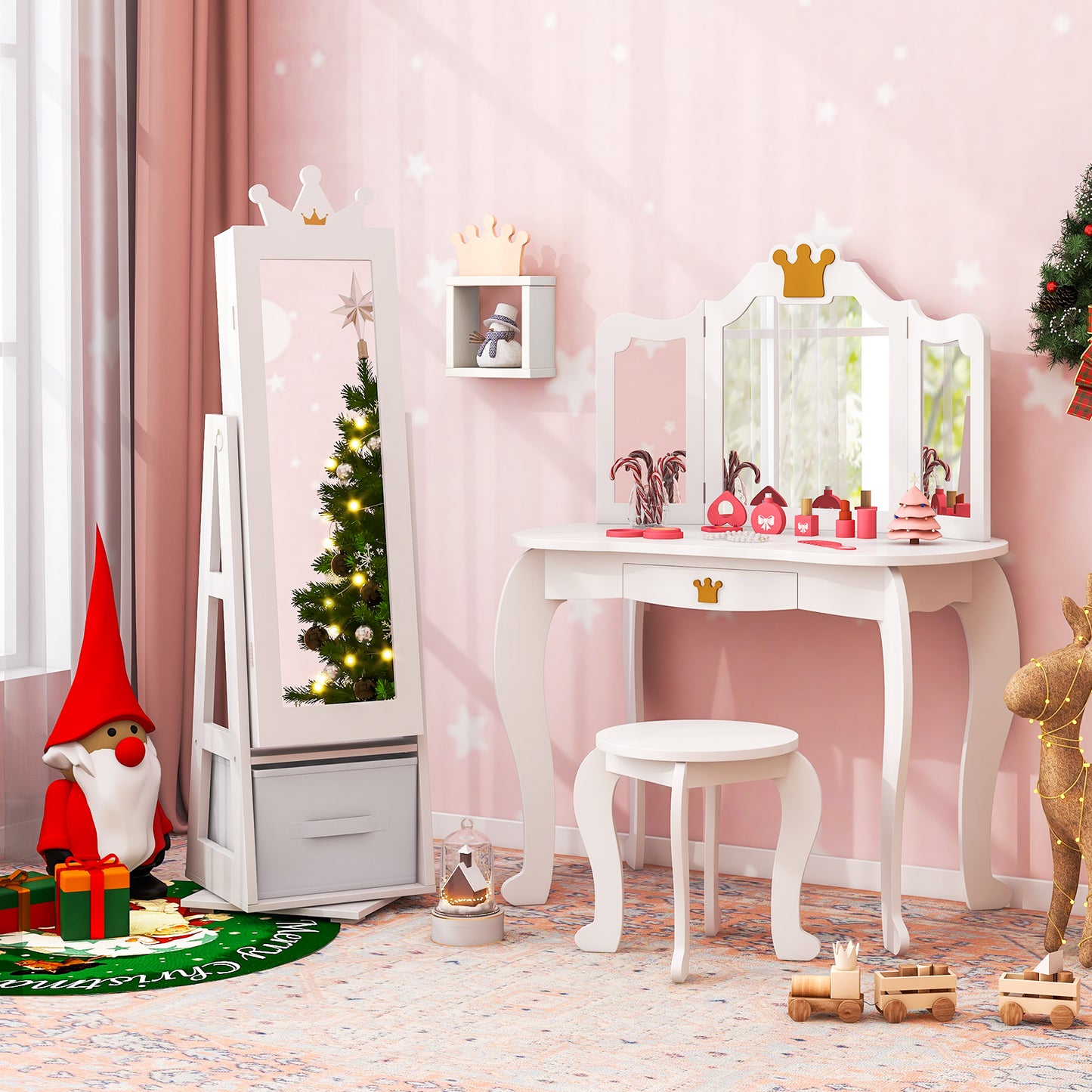 Kids Jewelry Cabinet Standing Jewelry Organizer with Full-Length Mirror-Pink