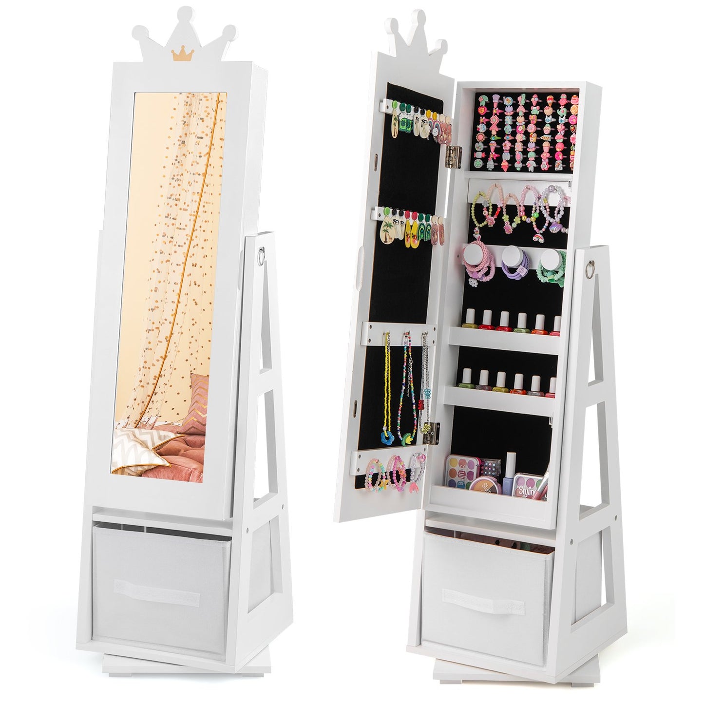 Kids Jewelry Cabinet Standing Jewelry Organizer with Full-Length Mirror-Pink