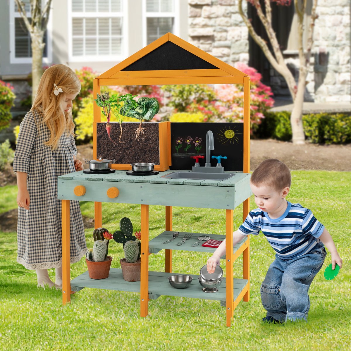 Kids Kitchen Playset with Root Viewer Planter Rotatable Faucet-Blue