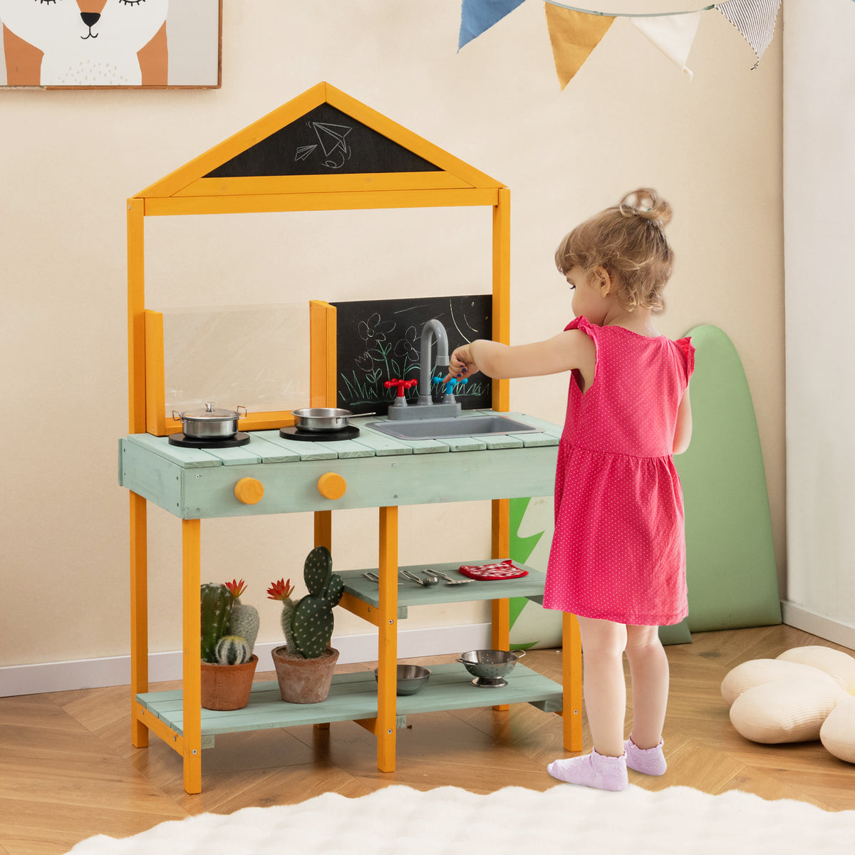 Kids Kitchen Playset with Root Viewer Planter Rotatable Faucet-Blue