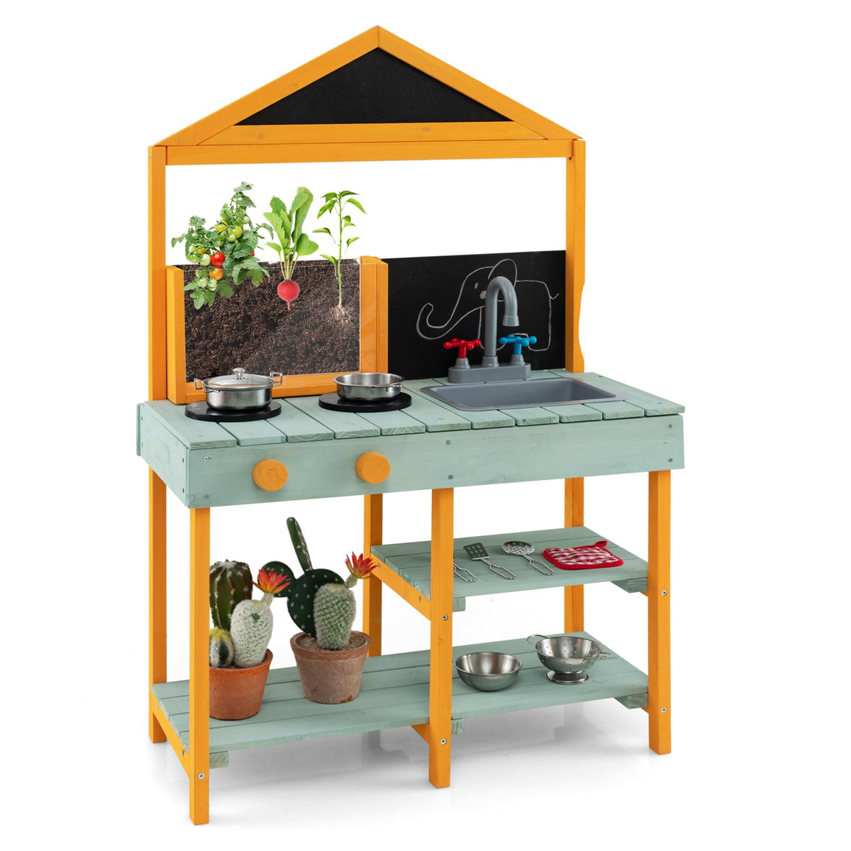 Kids Kitchen Playset with Root Viewer Planter Rotatable Faucet-Blue