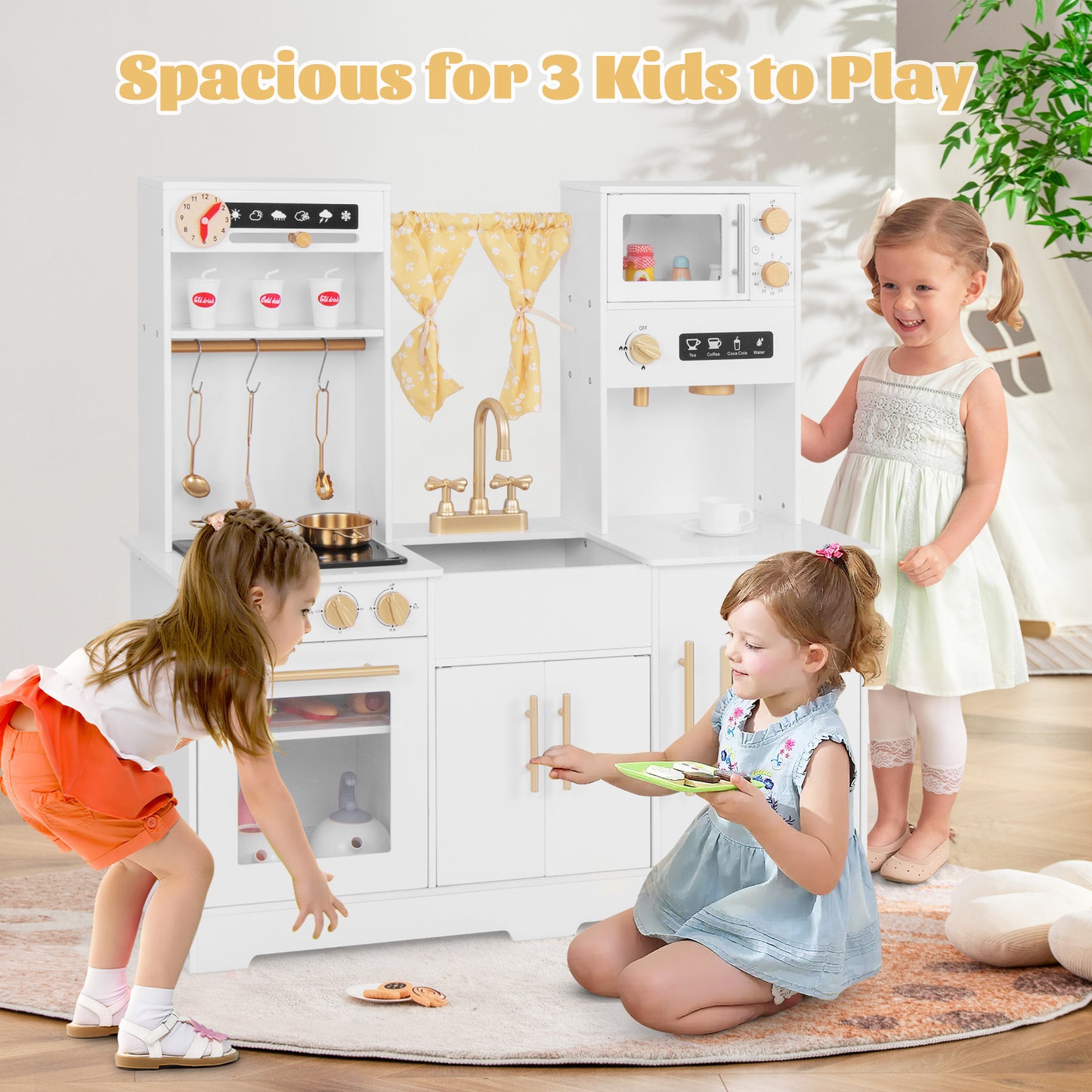 Kids Kitchen Playset with Coffee Maker and Stove Top and Golden Utensils-White