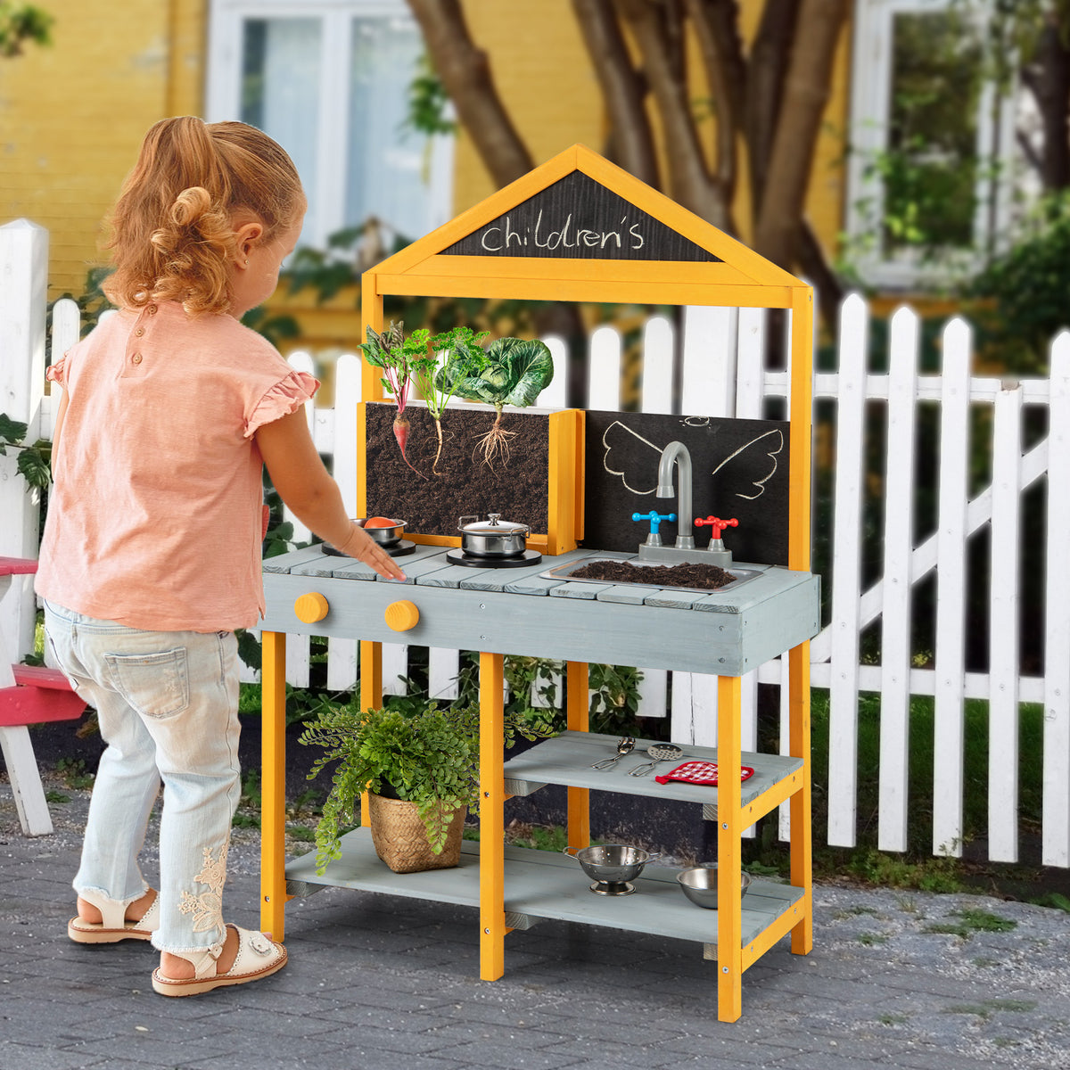 Kids Kitchen Playset with Root Viewer Planter Rotatable Faucet-Blue