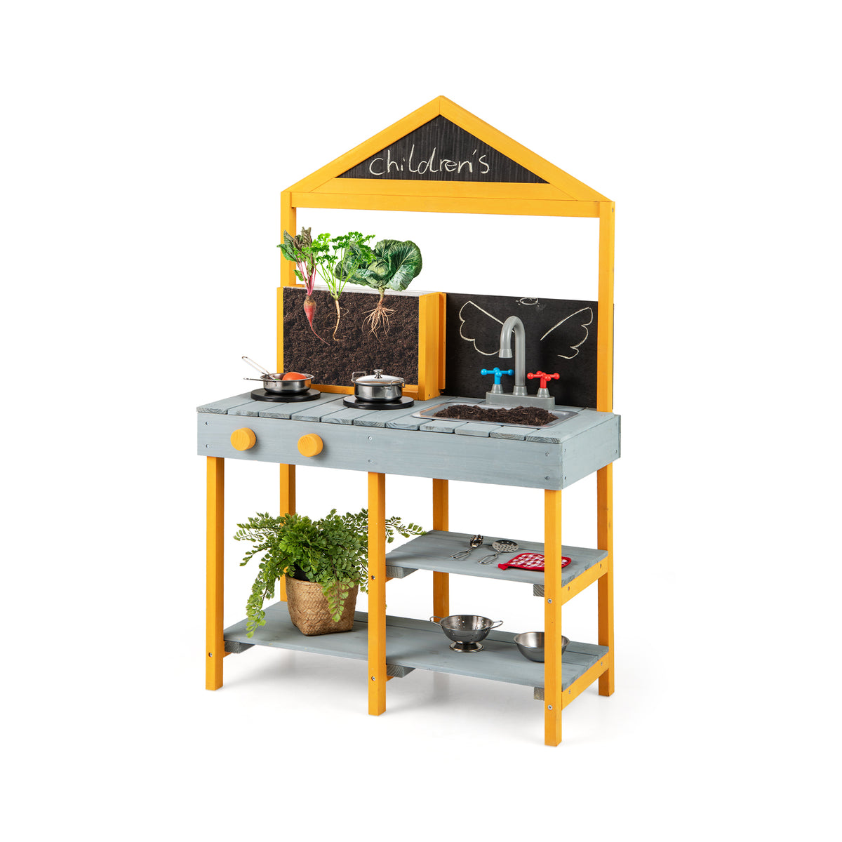 Kids Kitchen Playset with Root Viewer Planter Rotatable Faucet-Blue