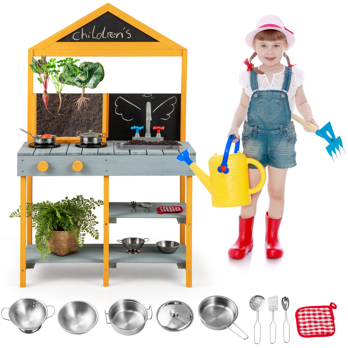 Kids Kitchen Playset with Root Viewer Planter Rotatable Faucet-Blue