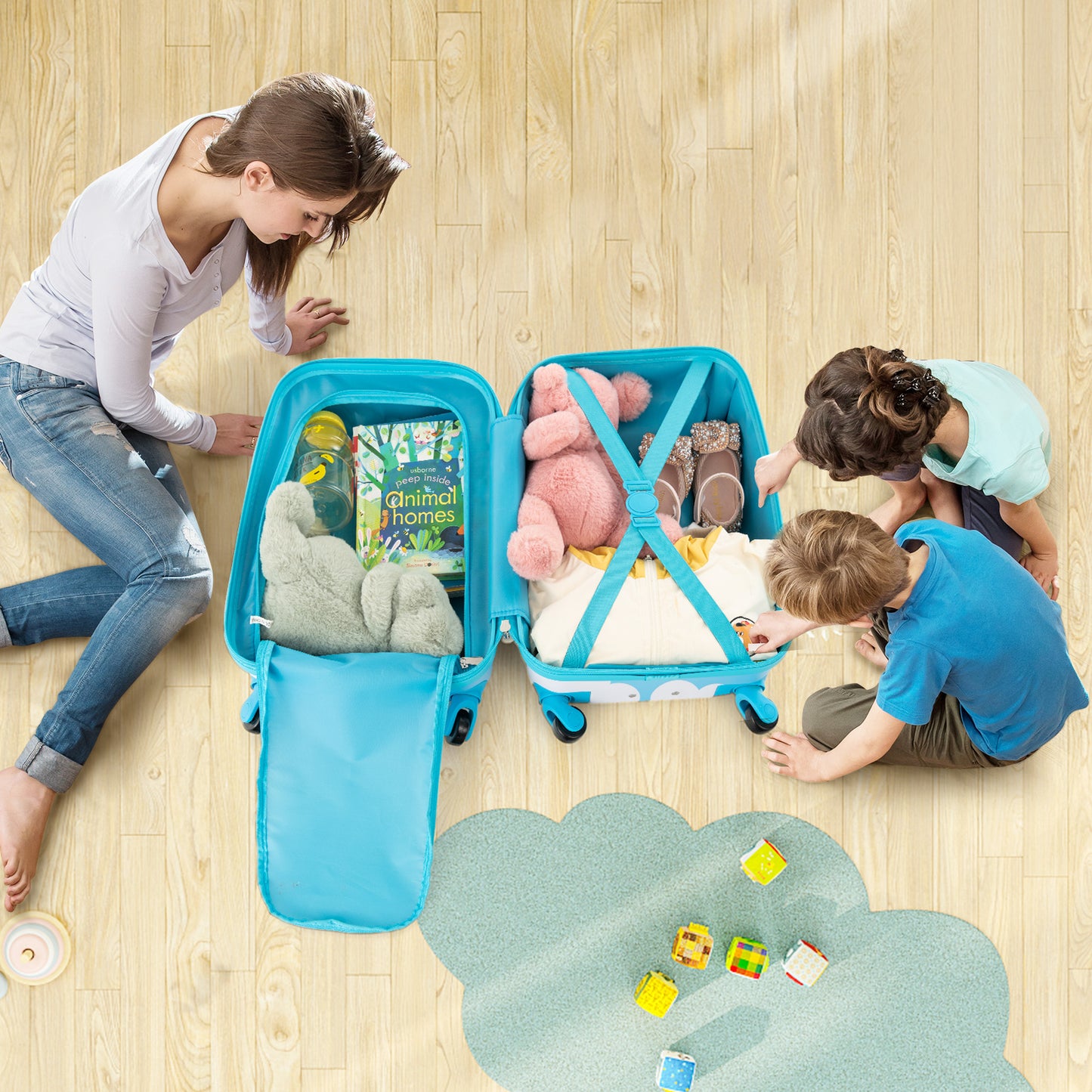 2 Pieces Kids Luggage Set with Wheels and Height Adjustable Handle-Blue