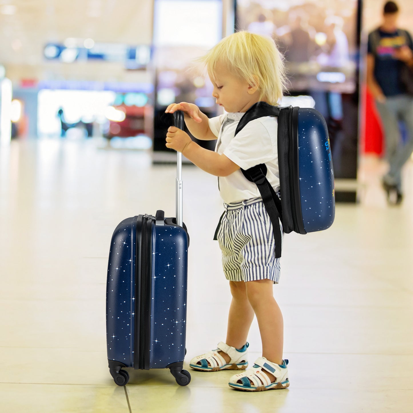 2 Pieces Kids Luggage Set with Wheels and Height Adjustable Handle-Blue