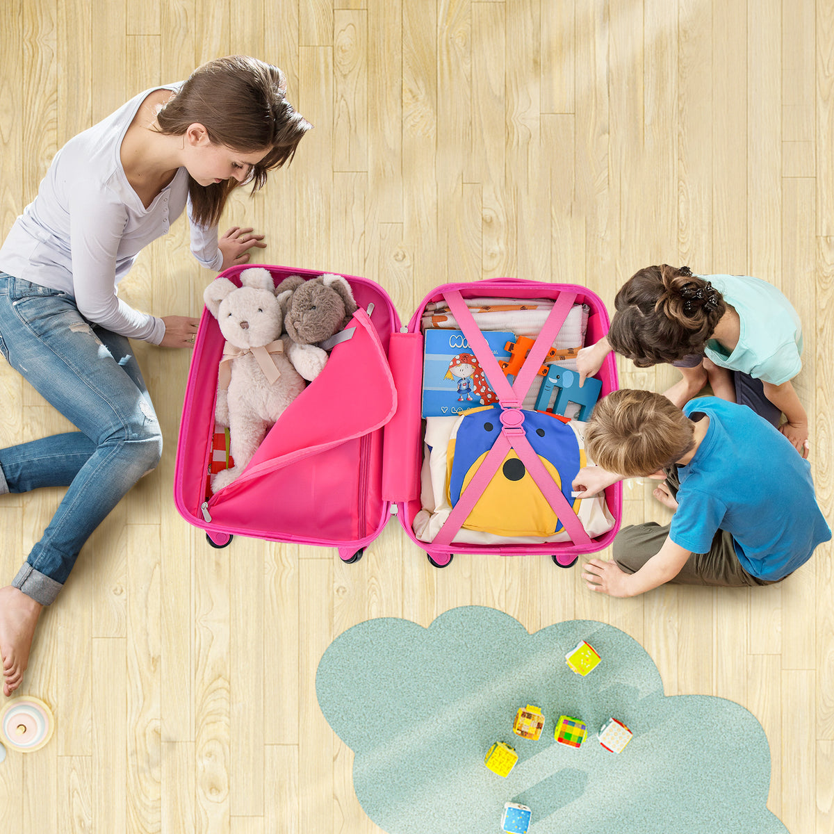 2 Pieces Kids Luggage Set with Wheels and Height Adjustable Handle-Blue