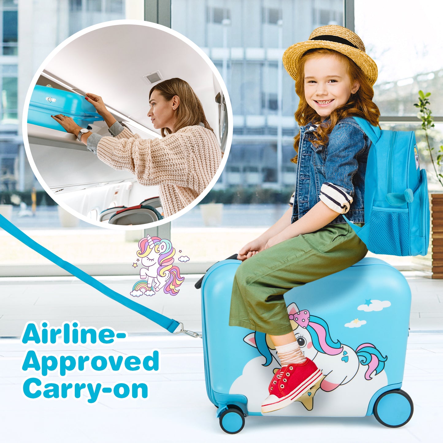2 Pieces Kids Luggage Set with Spinner Wheels and Anti-Lose Rope-Blue