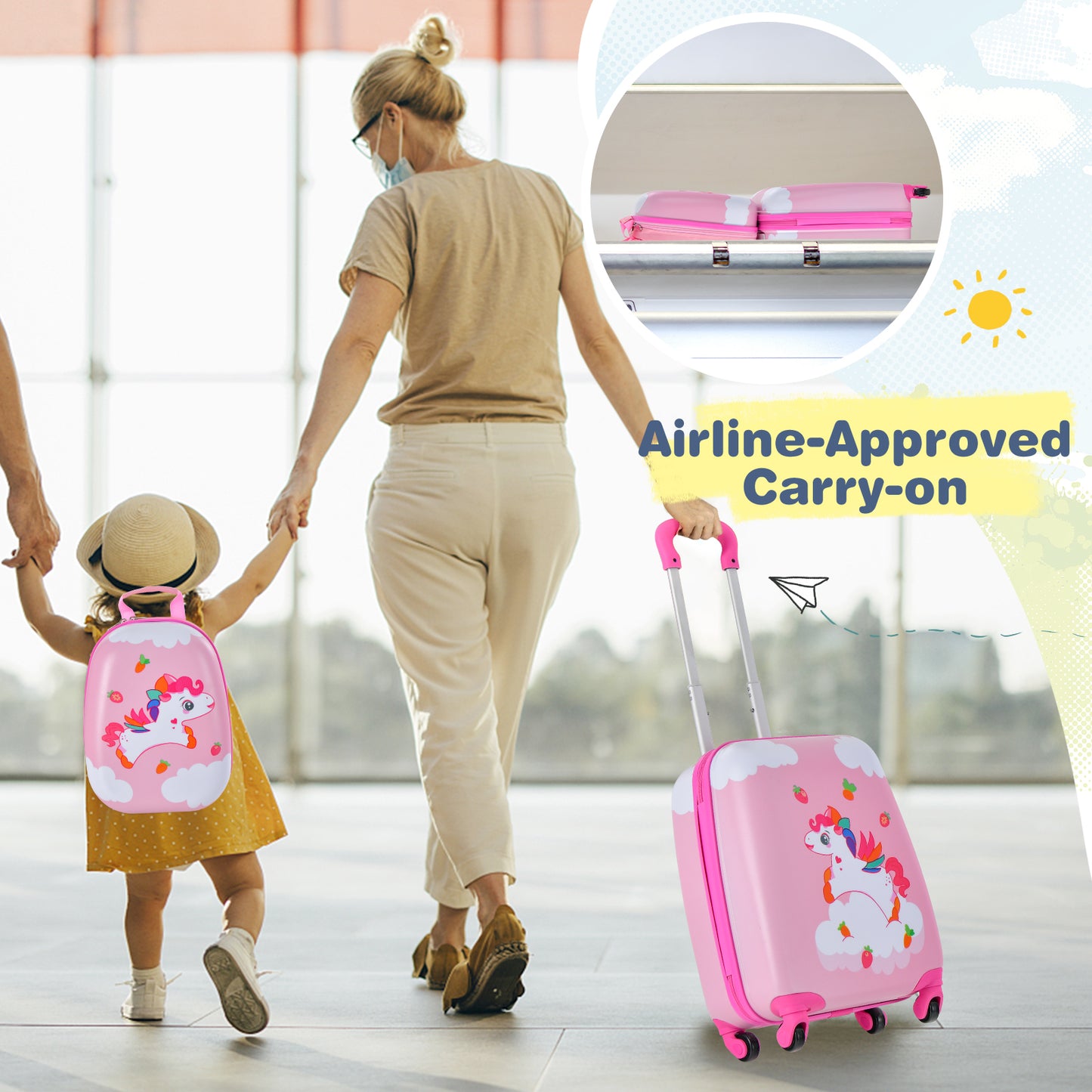 2 Pieces Kids Luggage Set with Wheels and Height Adjustable Handle-Blue