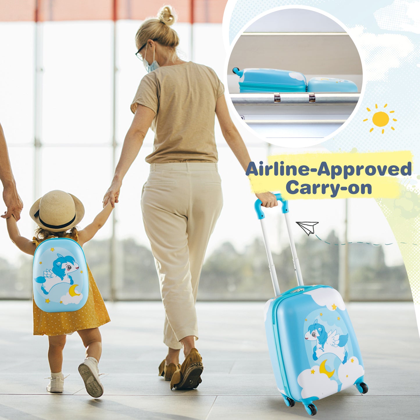 2 Pieces Kids Luggage Set with Wheels and Height Adjustable Handle-Blue