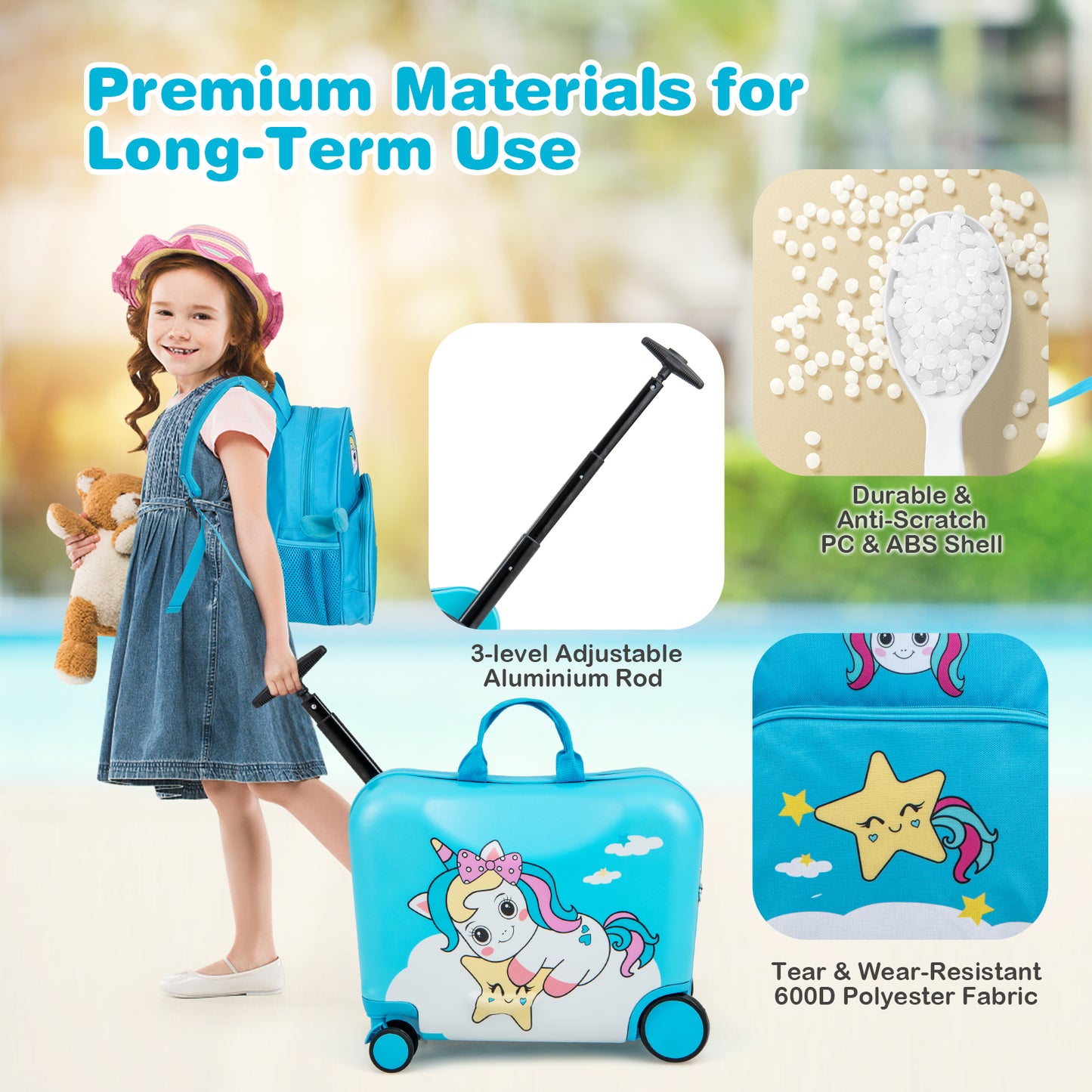2 Pieces Kids Luggage Set with Spinner Wheels and Anti-Lose Rope-Blue