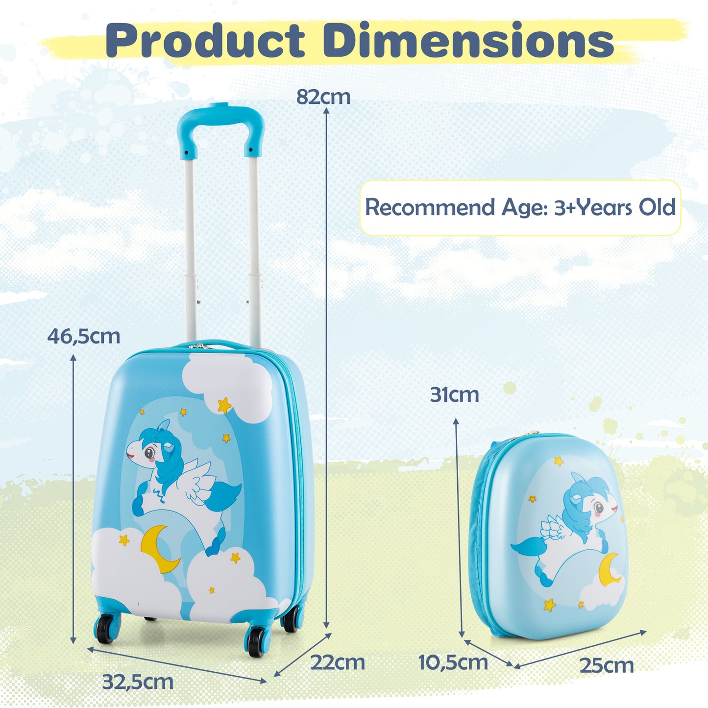 2 Pieces Kids Luggage Set with Wheels and Height Adjustable Handle-Blue