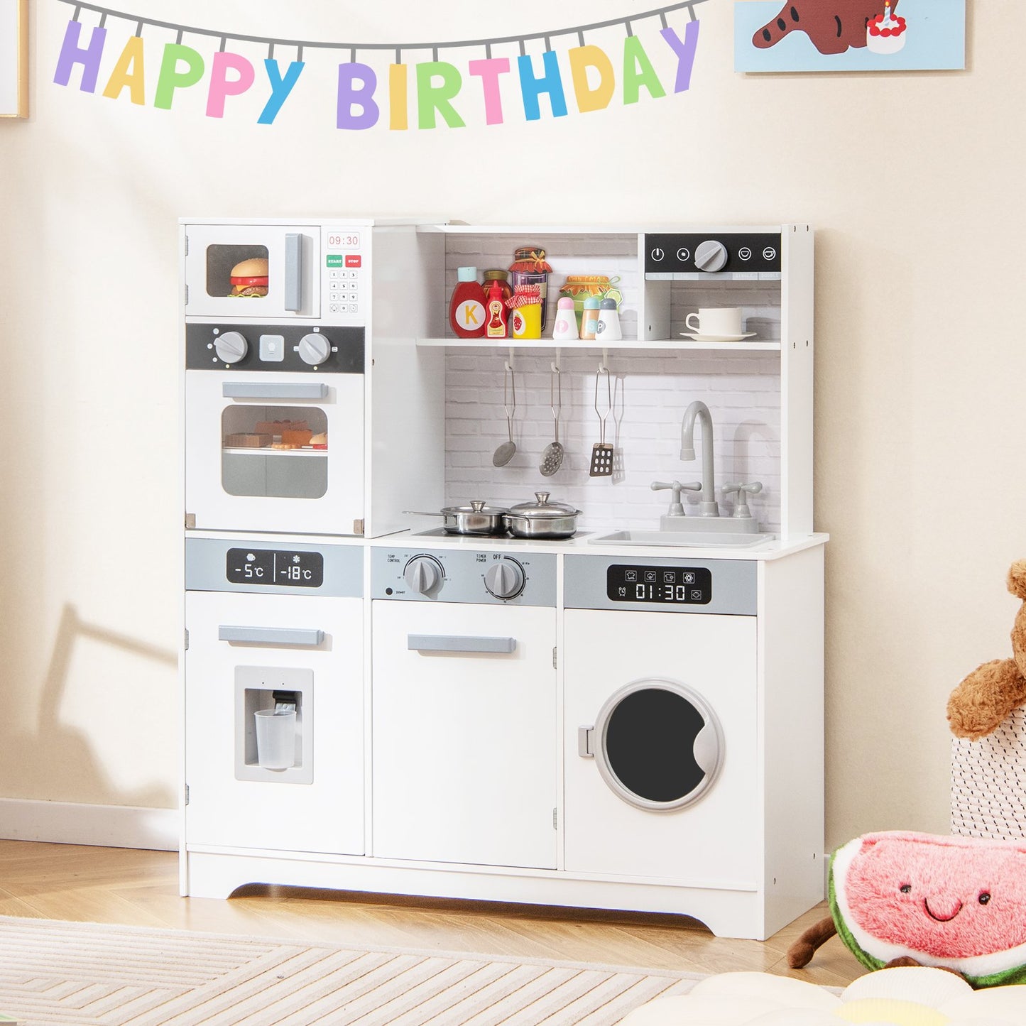 Kids Play Kitchen Toy Set with Water Dispenser and Sink-White