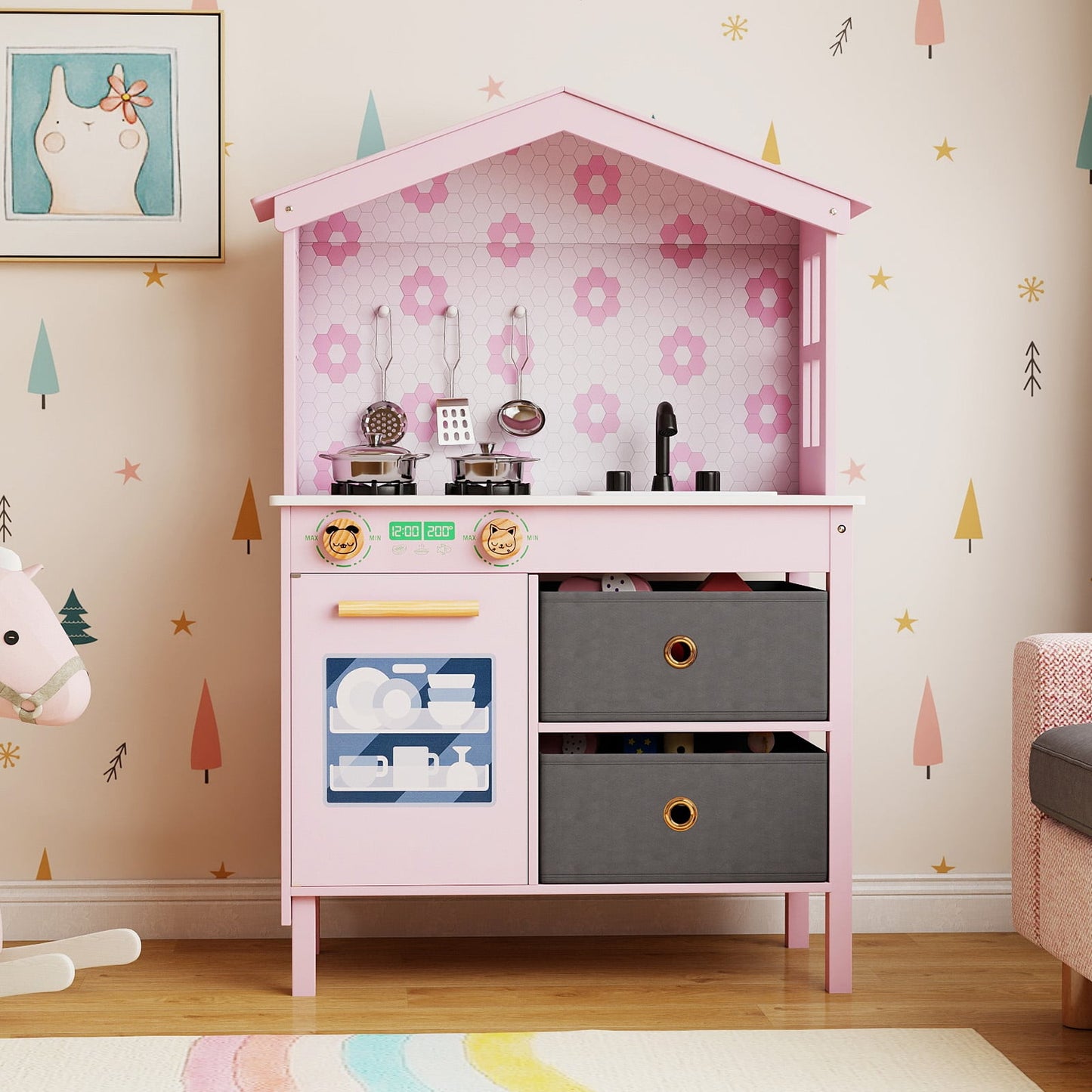 Kids Play Kitchen with 2 Stoves and Drawers and Dishwasher-Pink