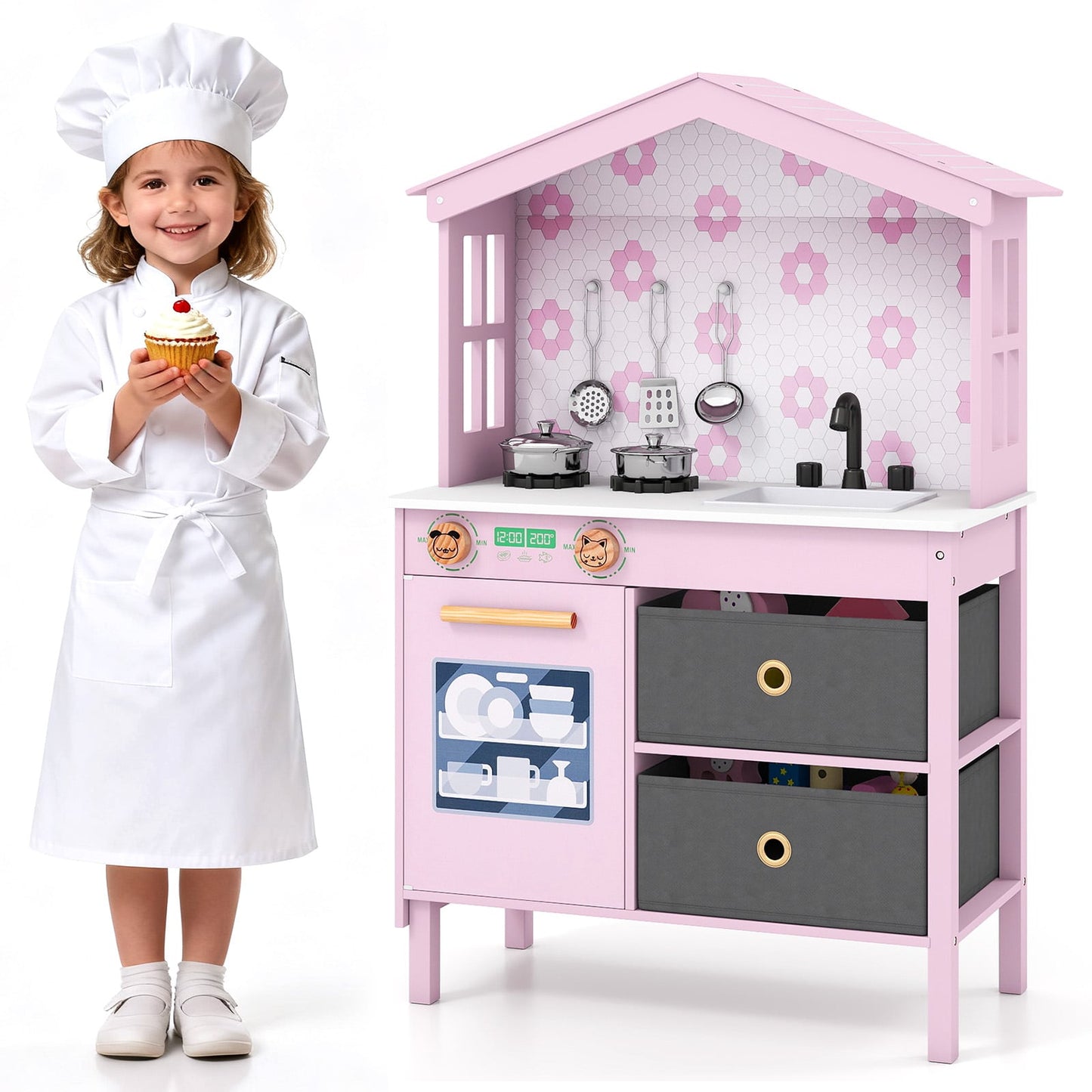 Kids Play Kitchen with 2 Stoves and Drawers and Dishwasher-Pink