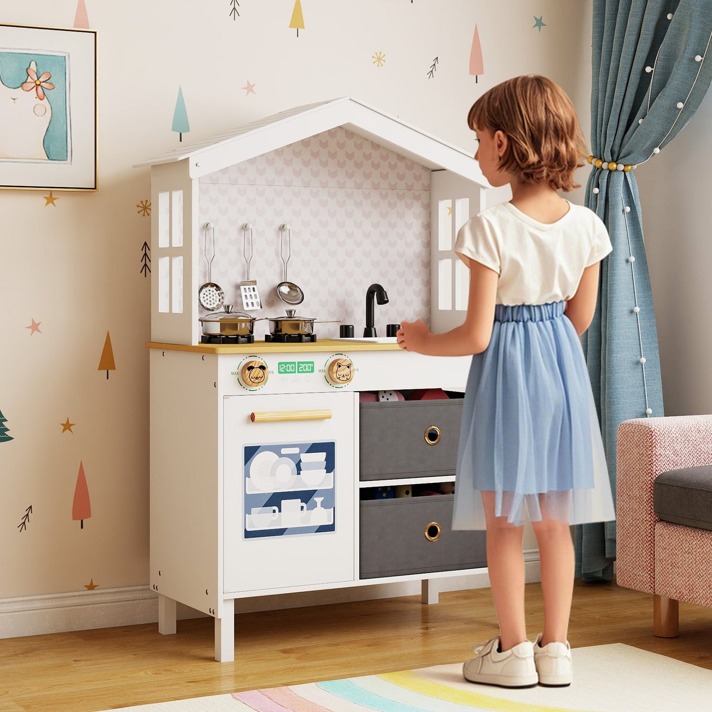 Kids Play Kitchen with 2 Stoves and Drawers and Dishwasher-Pink