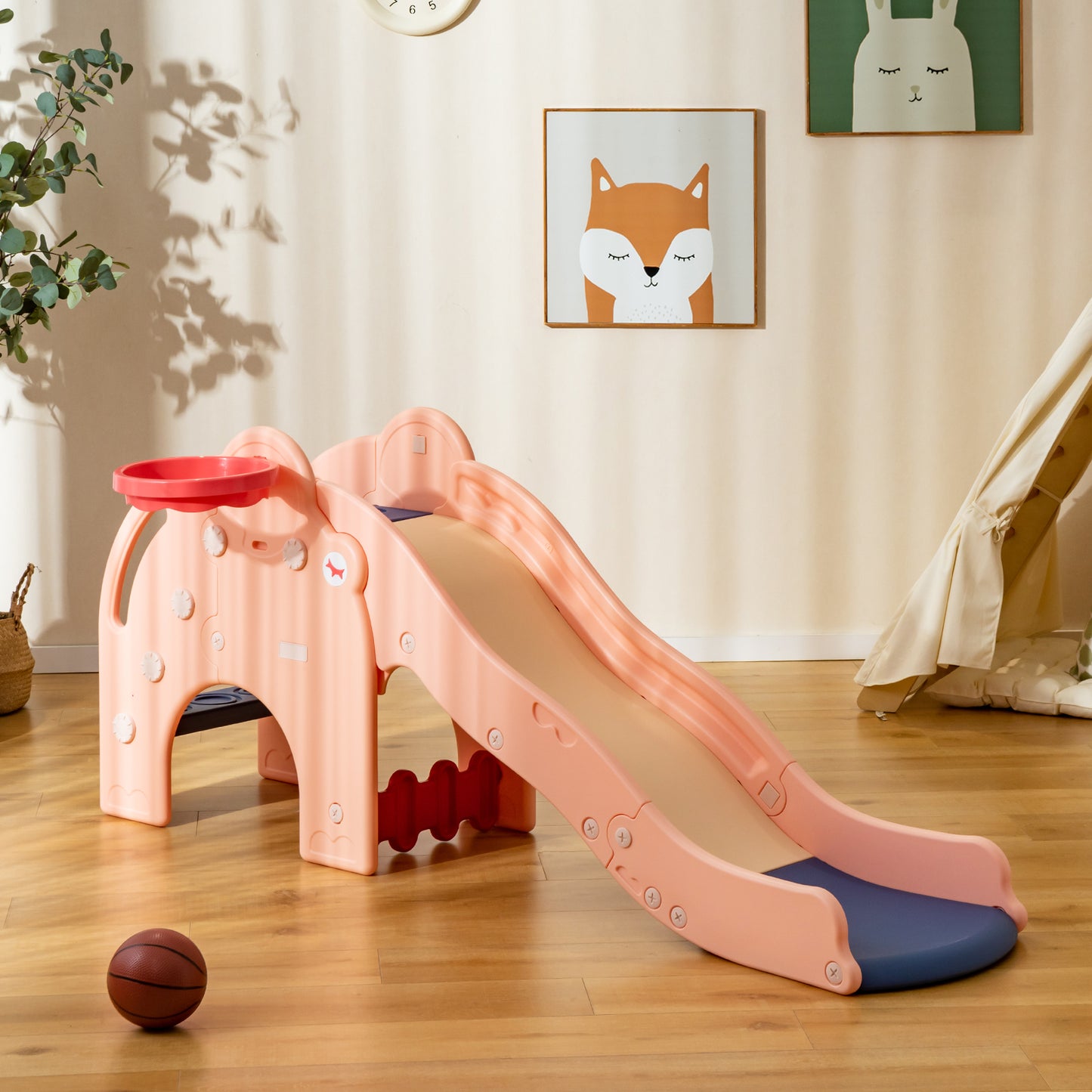 Kids Play Slide with Cute Elephant Shape and Basketball Hoop-Green