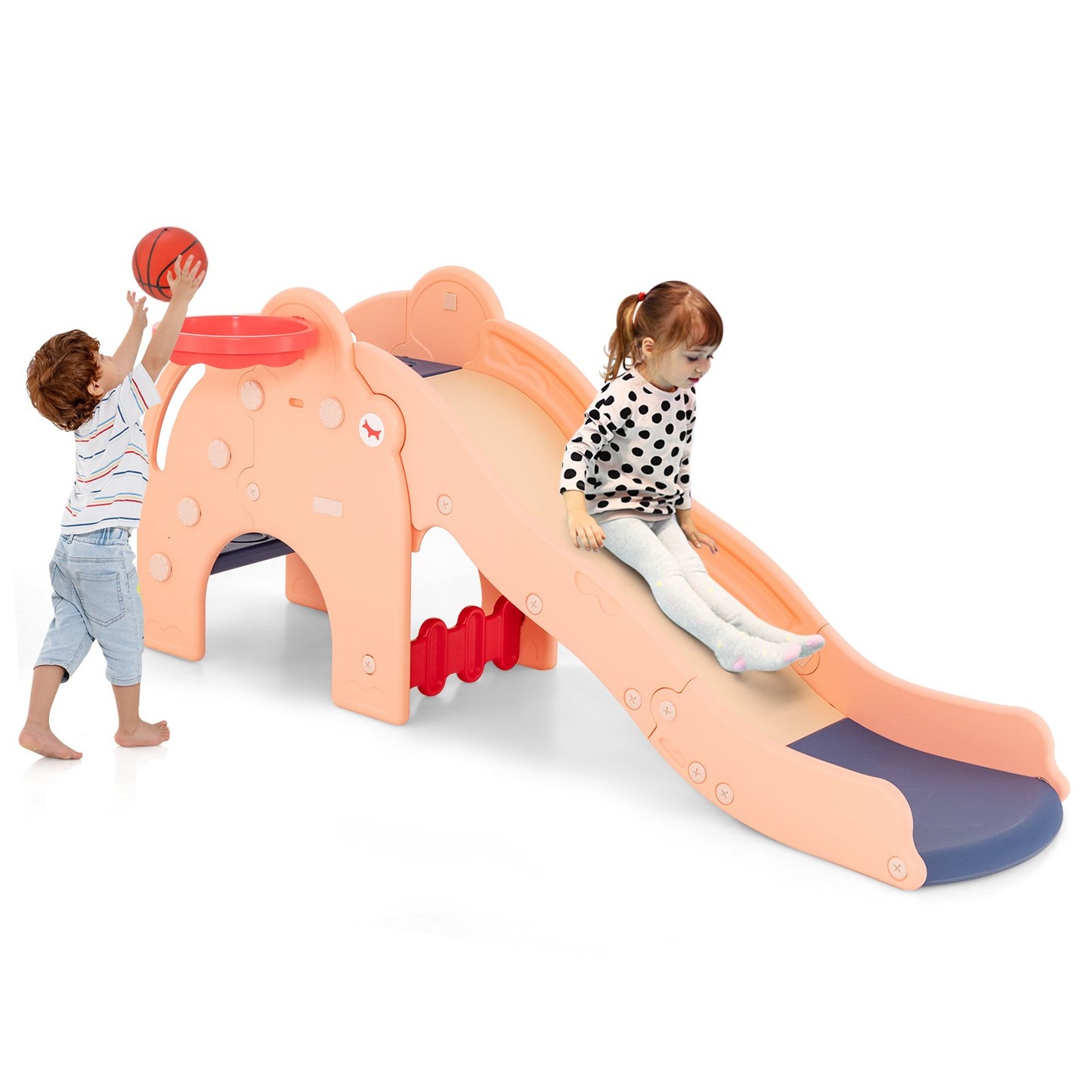 Kids Play Slide with Cute Elephant Shape and Basketball Hoop-Green